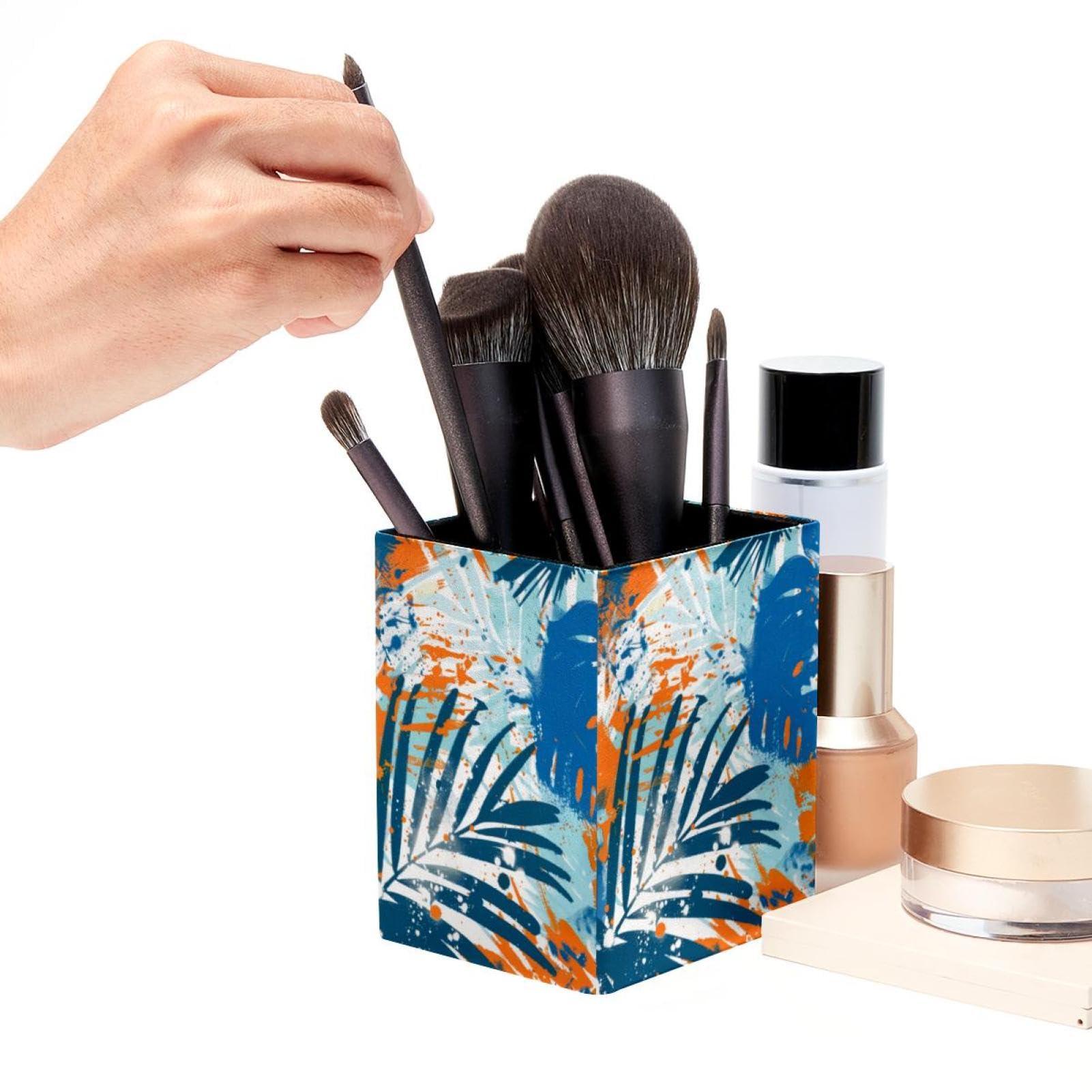 FNETJXF FNETJXF Makeup Brush Holder, Desktop Organizer, Pen Organizer, Orange Blue Tropical Leaves Abstract, Multi-Functional Desktop Organizer