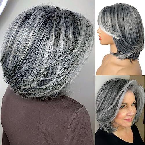 LEOSA LEOSA Short Grey Wig With Curtain Bangs BoB Layered Silver Grey Wigs for Women BOB Layered Wigs Pixie Cut Layered Wig Hair Synthetic Hair Wigs With Daily Use (Grey#)