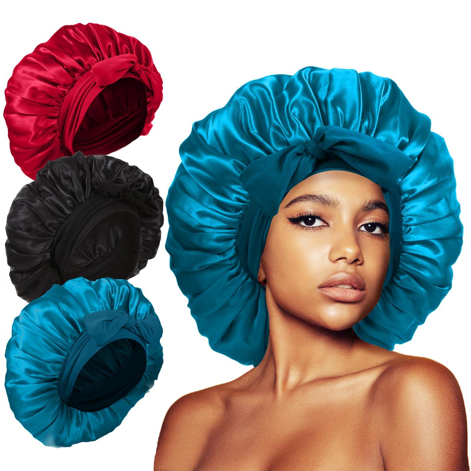 Kafteri Kafteri 3Pcs Satin Silk Bonnet for Sleeping, Extra Large Hair Bonnets for Sleeping Black Curly Hair Women Big Jumbo Bonnet with Tie Band Braids Shower Cap