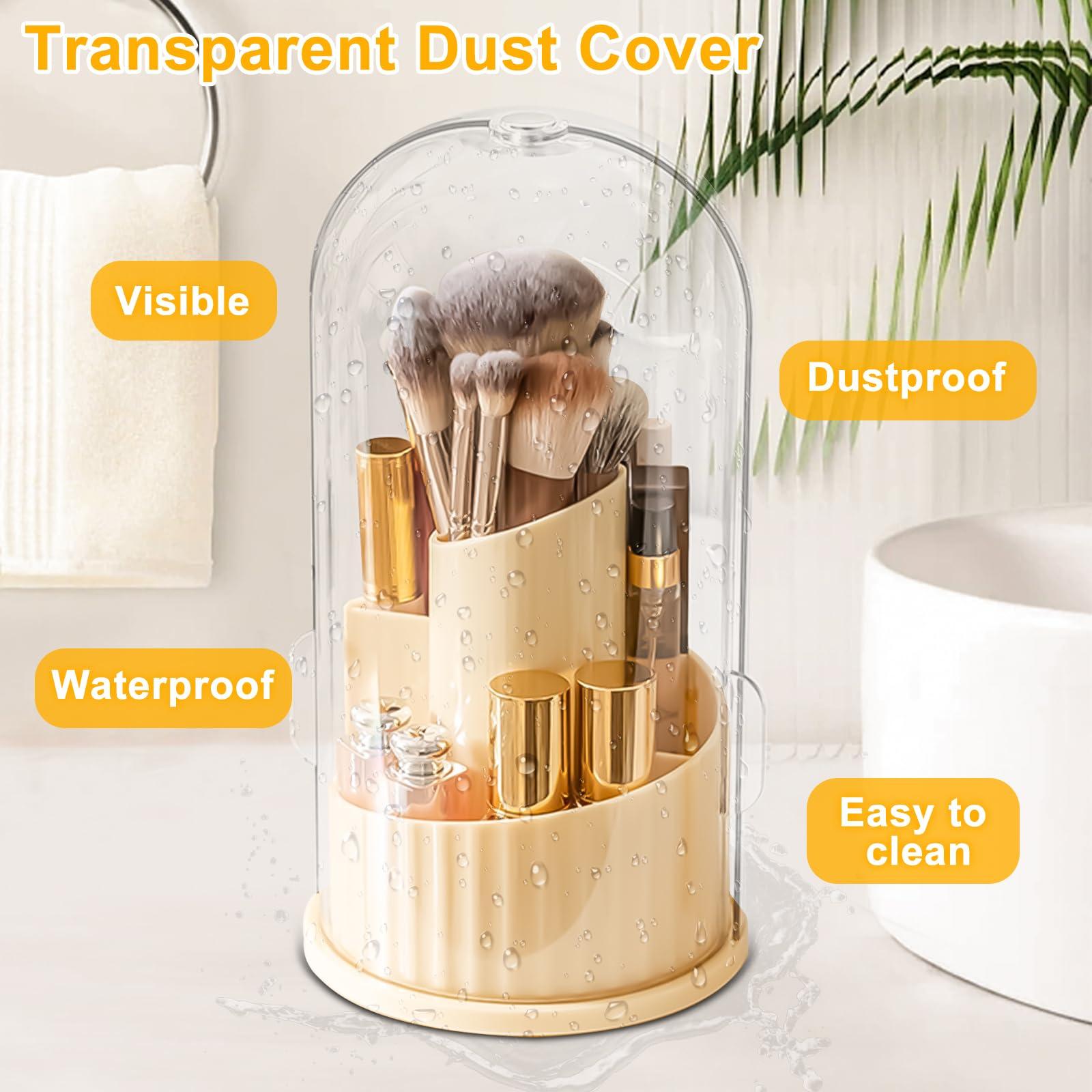 Segutage Makeup Brush Holder with Lid, 360 Rotating Makeup Brush Organizer with Cosmetic Bag Women Dustproof Cosmetics 5 Slots Makeup Brush Storage Cup for Vanity Desktop Bathroom Countertop (Cream White)