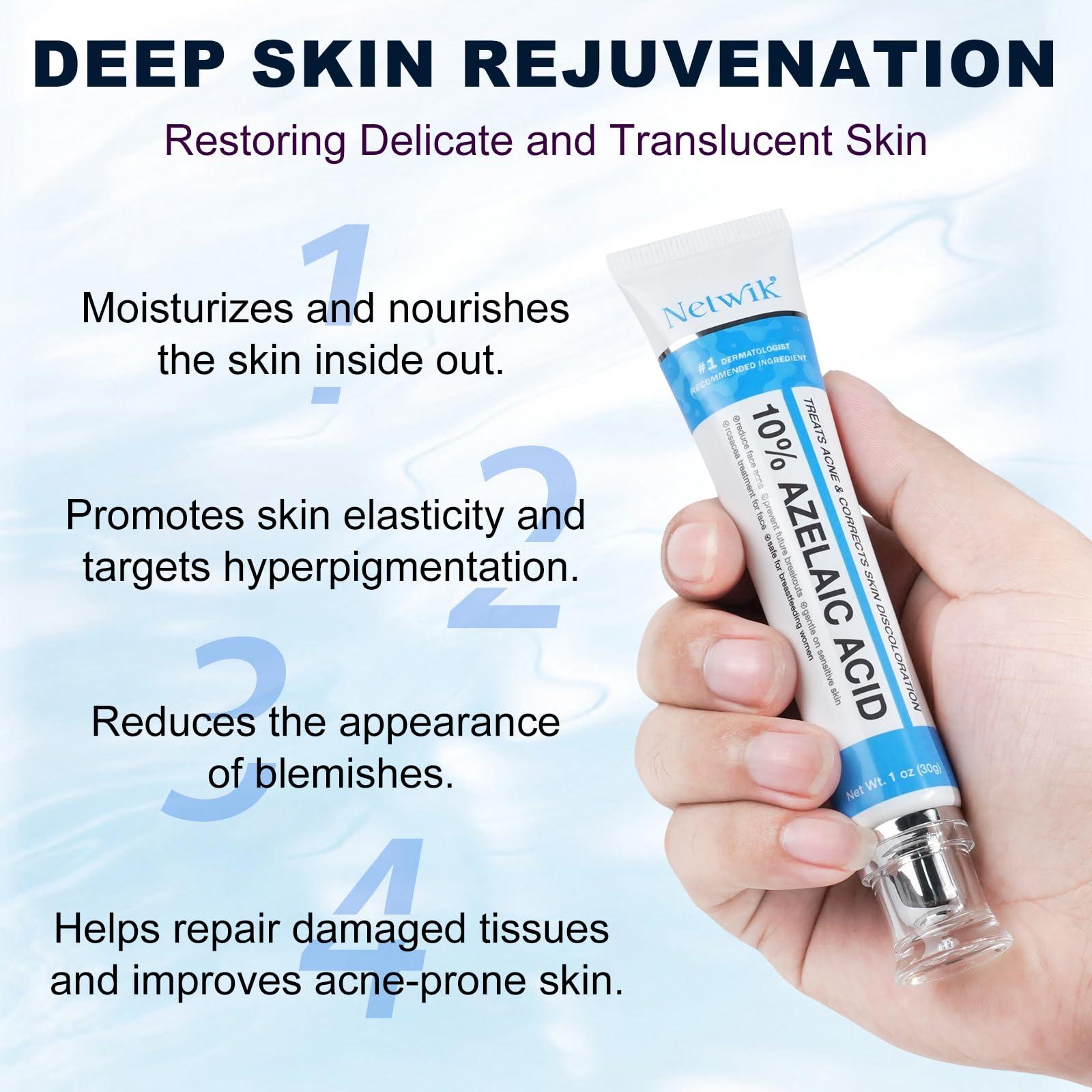 Netwik 10% Azelaic Acid Cream for Face - Acne Cream for Rosacea Reducing Relief Pimple Breakouts Blackhead Pigmentation and Redness - Azelaic Acid Gel For Facial and Skin Care