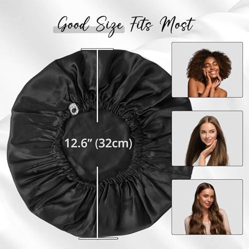 WIGI WIGI 100% Mulberry Silk Bonnet with Scrunchie Gift for Women, Silk Bonnet for Sleeping, Shower Cap Hair Bonnet, Silk Hair Wrap for Hair Care (100% Mulberry Silk (Round design), Black)