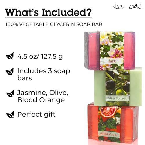 Nabila K Glycerin Bar Soap Set of 3#5 - Natural, Vegan-Friendly, Hypoallergenic - Moisturizing and Hydrating with 100% Vegetable Glycerin - Sulfate-Free, Paraben-Free, Chemical-Free - 4.5 oz Each