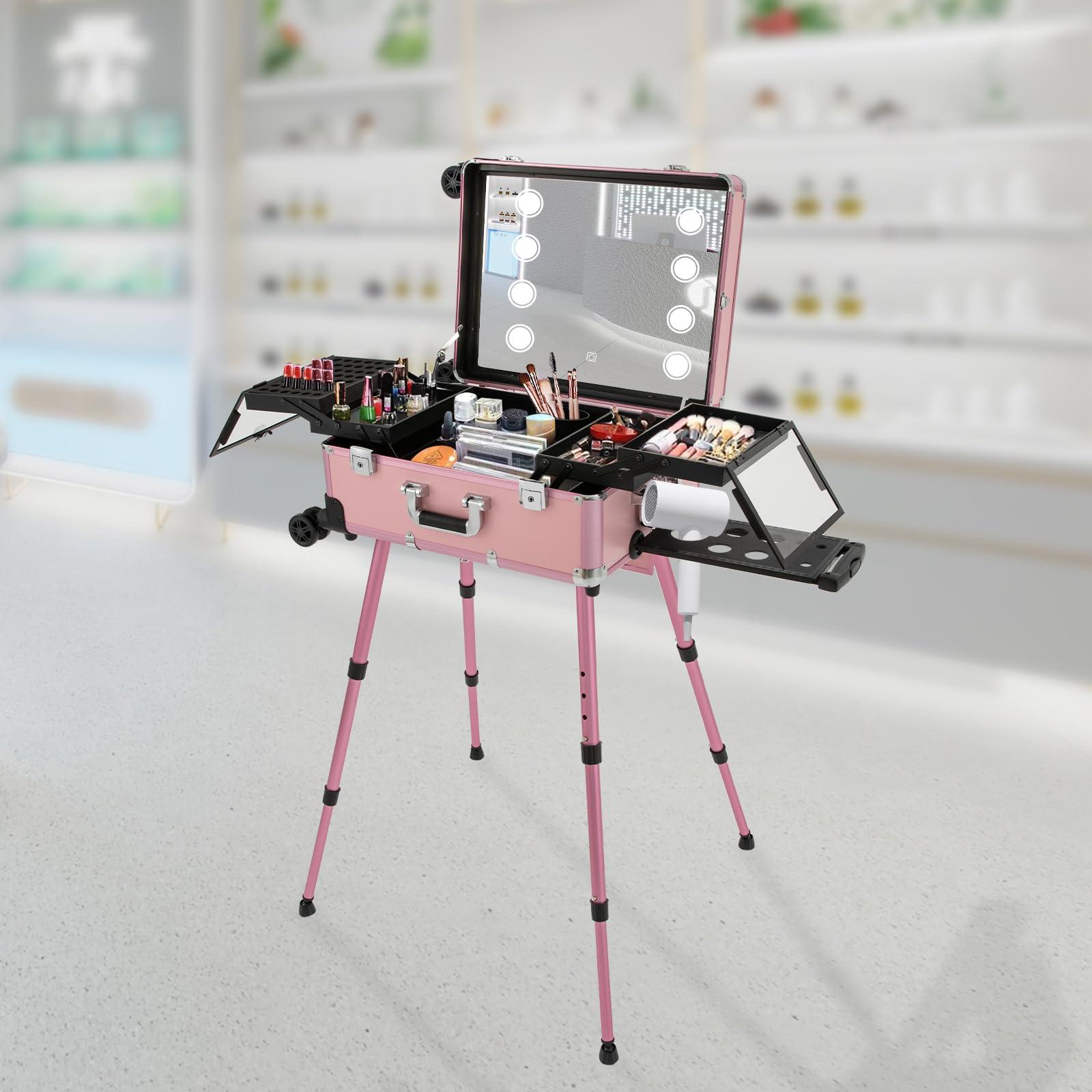 YIYIONCE YIYIONCE Trolley Makeup Train Case, Professional Makeup Case with LED Lights, Bluetooth & Wheels, Portable Rolling Makeup/Salon Station for Professional Use (Pink)| US STOCK