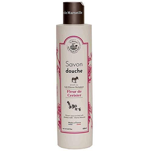 Maison du Savon Savon de Marseille - French Body Gift Set for Women - Organic Cherry Blossom Shower Gel, Cherry Blossom Shampoo, Exfoliating Pink Shower Sponge - Suitable for All Skin Types