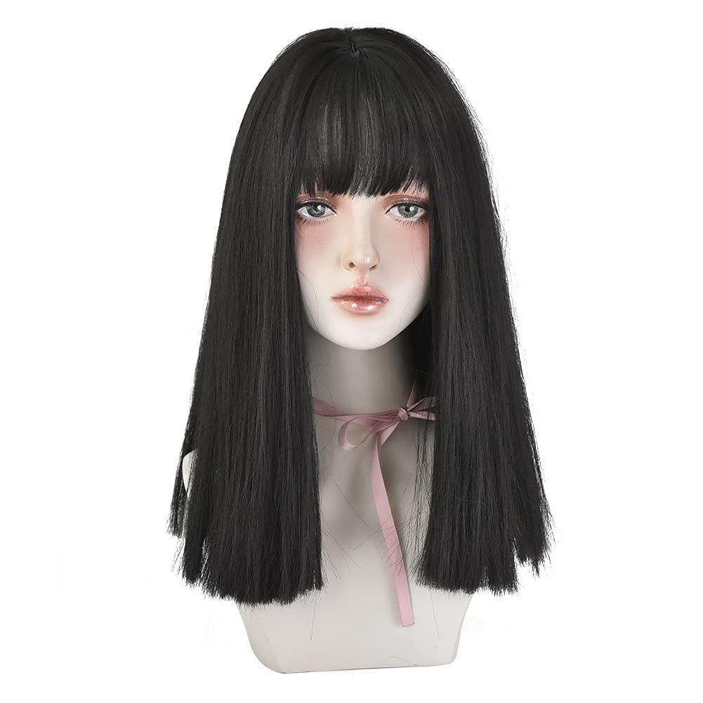 HUAISU HUAISU Long Black Straight Hair Wig with Bangs Synthetic High Density Long Hair Wig for Women (Natural Black, 18inch)