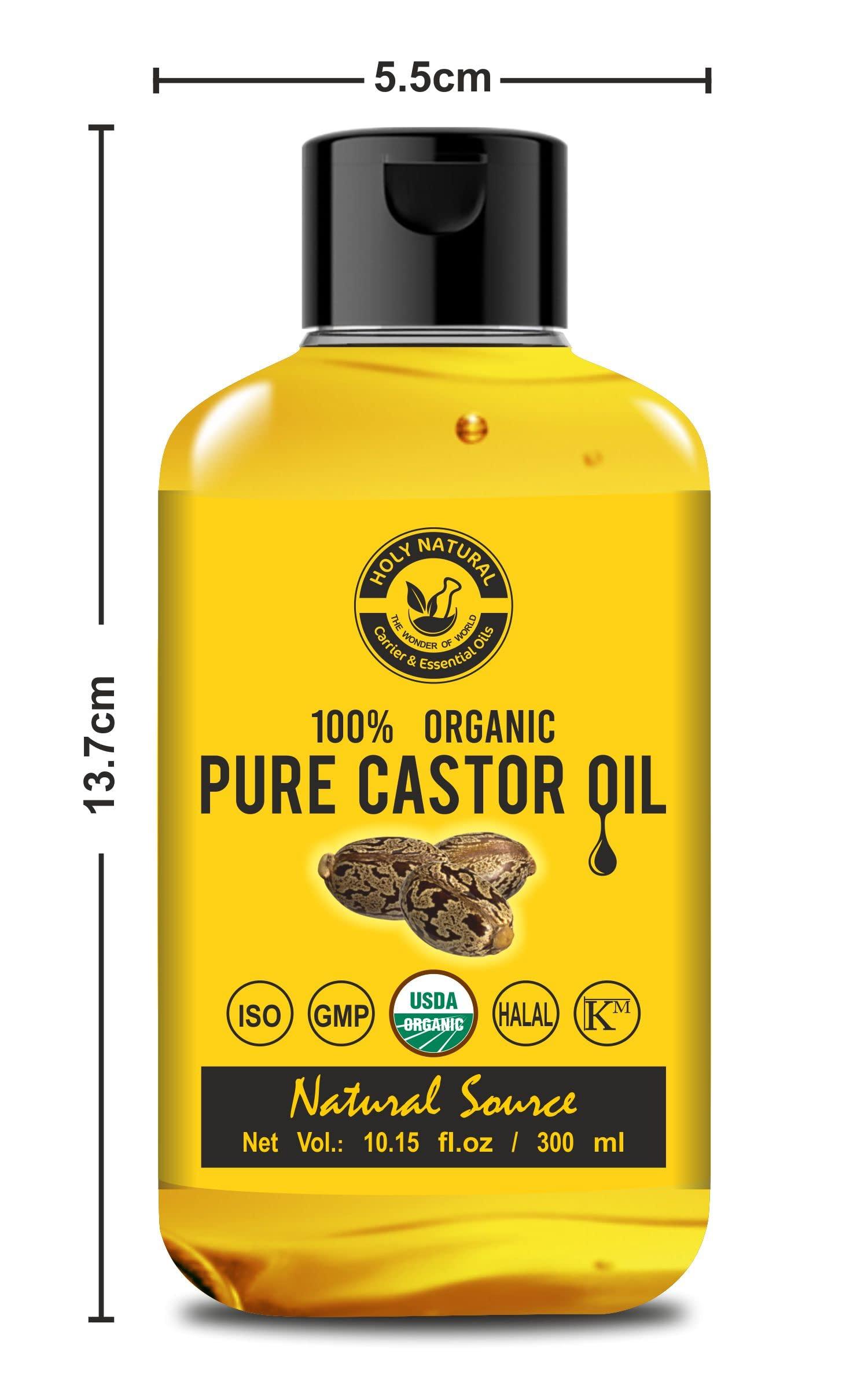 Holy Natural - The Wonder of World Organic Pure Castor Oil (10.15 floz/300 ml) USDA Certified Cold-Pressed, 100% Pure, No GMO, No Heat treatment, Hexane Free Moisturizing & Healing, For Dry Skin,Hair Growth, Massage, Lash Growth