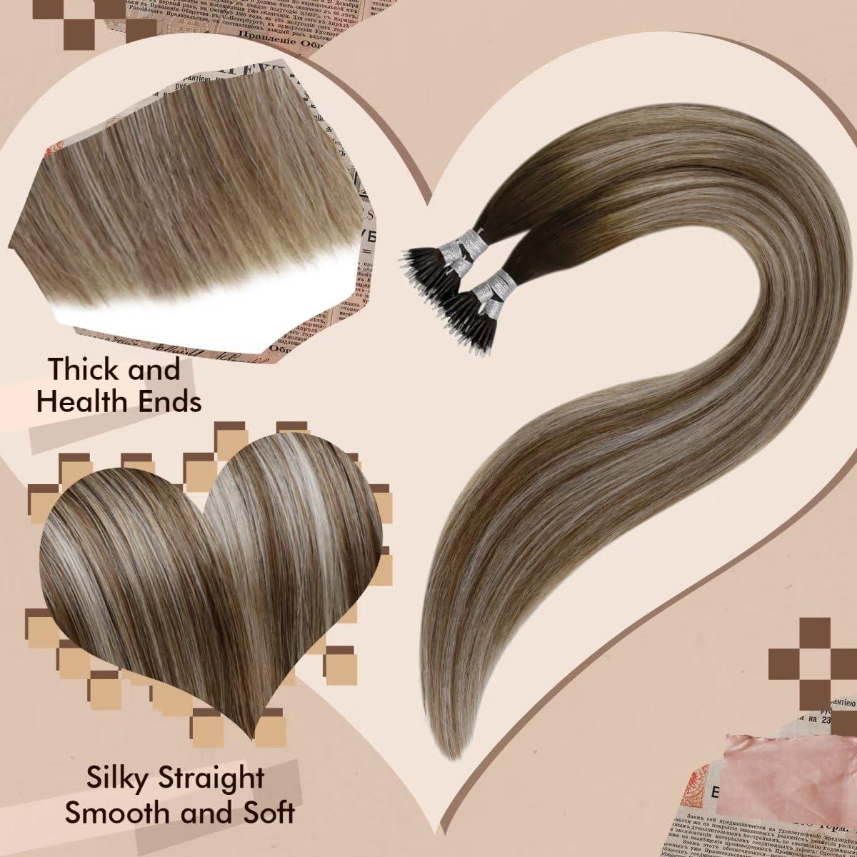 Hetto Hetto Nano Ring Hair Extensions Remy Hair Nano Hair Extensions Balayage Darker Brown to Light Brown with Medium Blonde Nano Bead Hair Extensions Pre Bonded Human Hair 16 Inch 50 Strands 50g