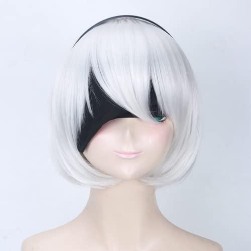Bokerom Anime Game Cosplay Nier Automatas 2B 9S Wigs, White Short Hair With Wig Cap, for Halloween, Party, Carnival, Nightlife