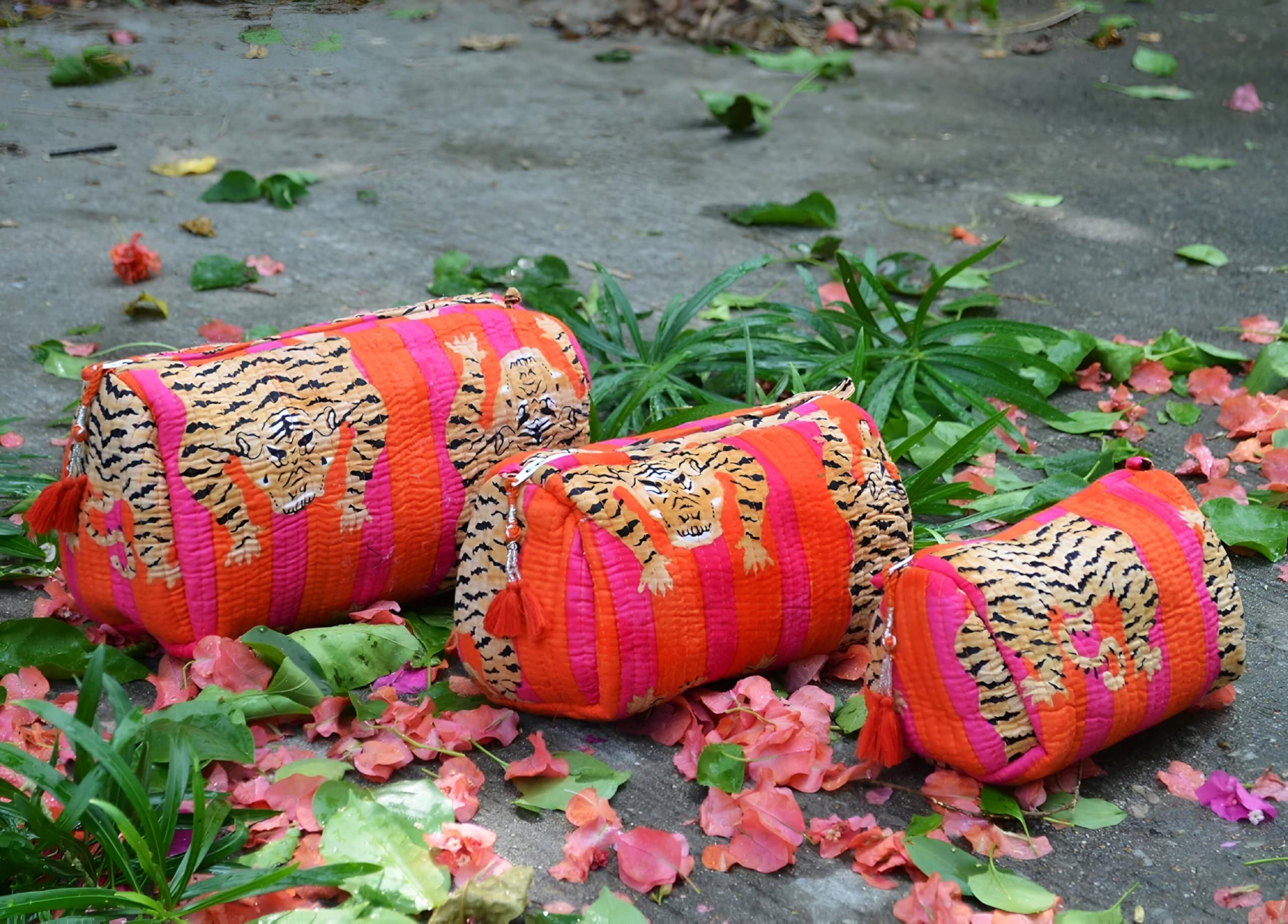 Generic Tiger Print Makeup Bag Set of 3 Pieces Indian Quilted Wash Bag Travel Organizer Kit Storage Bag for Women Makeup Bag Travel Cosmetic Bag