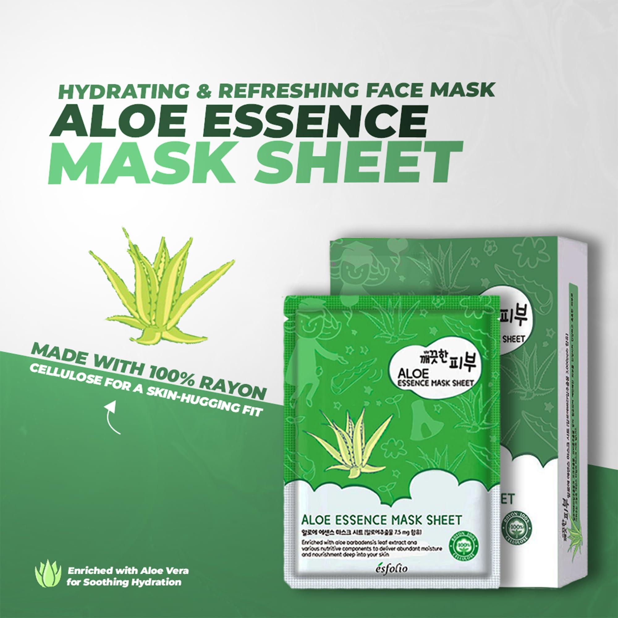 esfolio Esfolio Pure Skin Aloe Vera Essence Mask Sheet  Hydrating & Soothing Korean Face Mask for Dry, Sensitive, Sun-Exposed Skin  Moisturizing, Calming Skincare for Redness Relief Skin Repair (Pack of 10)