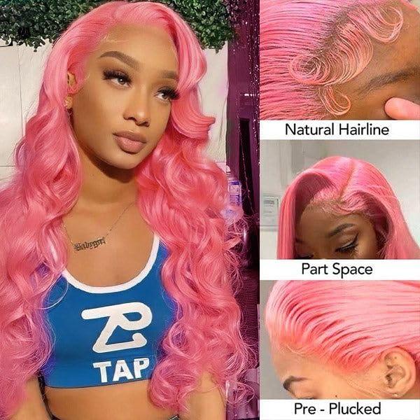 Mscathy Mscathy Pink Body Wave Lace Front Wigs Human Hair Pre Plucked 150 Density Pink Human Hair 134 Lace Front Wigs for Women(26 Inch, Pink)