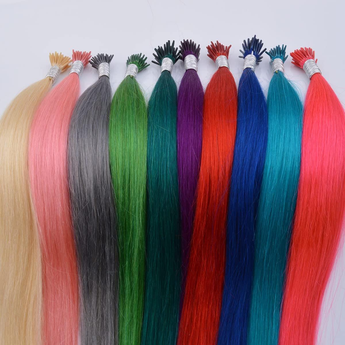 Vieuinaux Vieuinaux 50 Strands/lot Colored I Tip Human Hair Extension For Womens Girls Kids Gift Rainbow Highlights Hair Extensions With Micro Beads And Pulling Needle (12INCH/30cm, Blue)