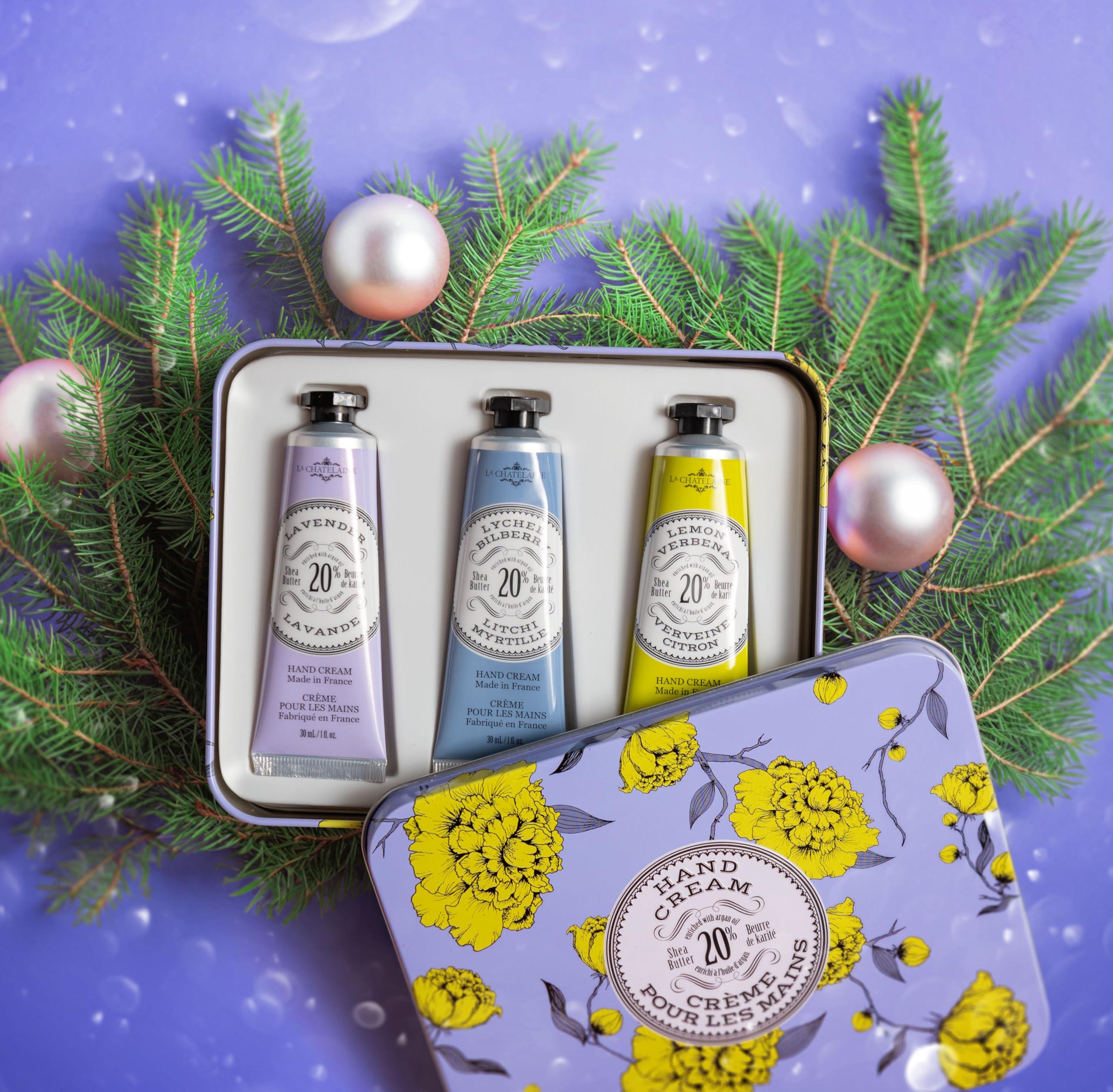 La Chatelaine La Chatelaine Hand Cream Trio Tin, Mothers Day Gift Set, Natural Hand Lotion, Made in France with 20% Organic Shea Butter, Nourishing (Lavender, Lychee Bilberry & Lemon Verbena) 3 x 1 fl oz