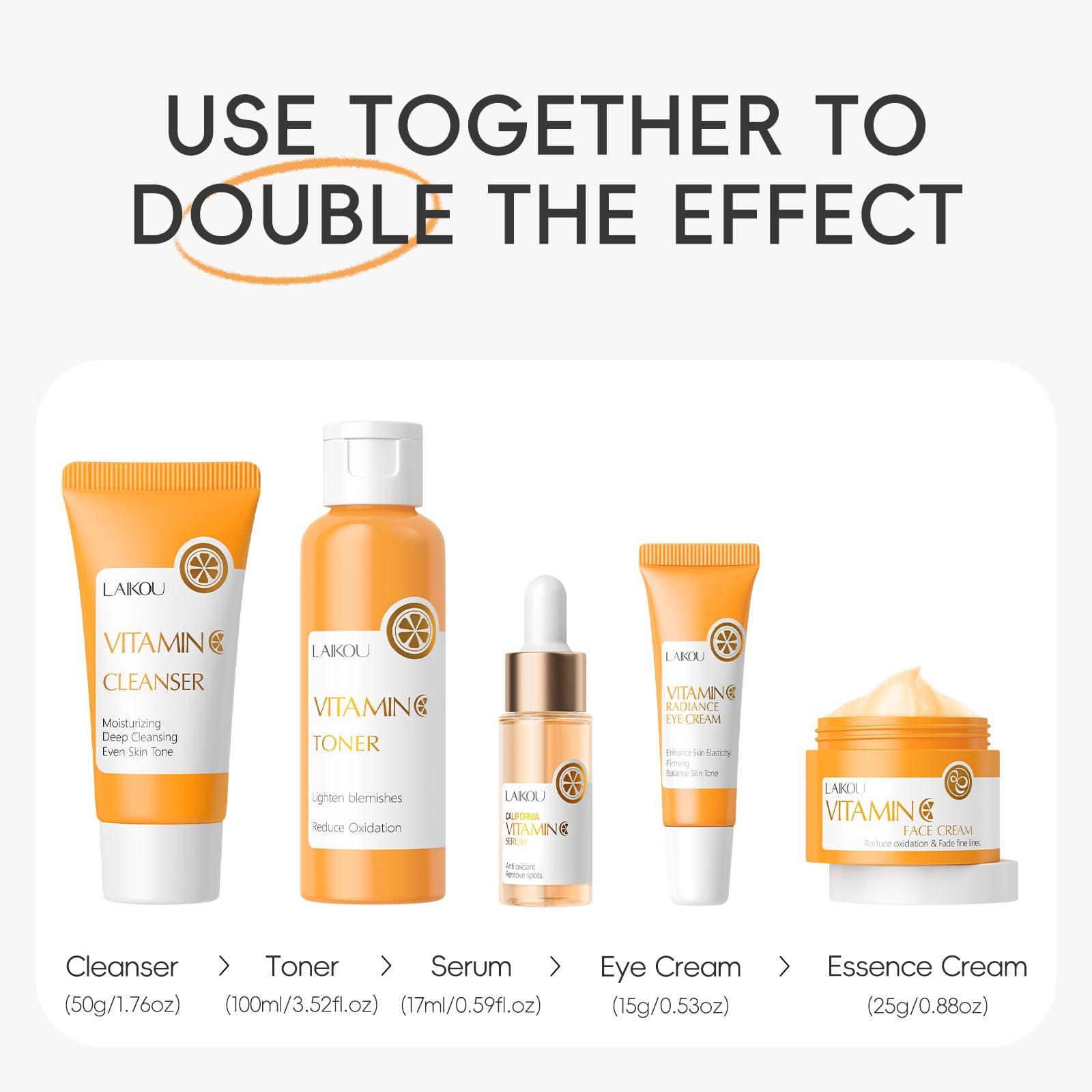 LAIKOU LAIKOU Skin Care Set Vitamin C Women Beauty Gift Sets Skin Care Kit with Cleanser, Toner, Serum, Eye Cream, Face Cream Travel Kit for Women Teen Girls Mom Daughter Birthday TSA-friendly Sizes 5pcs