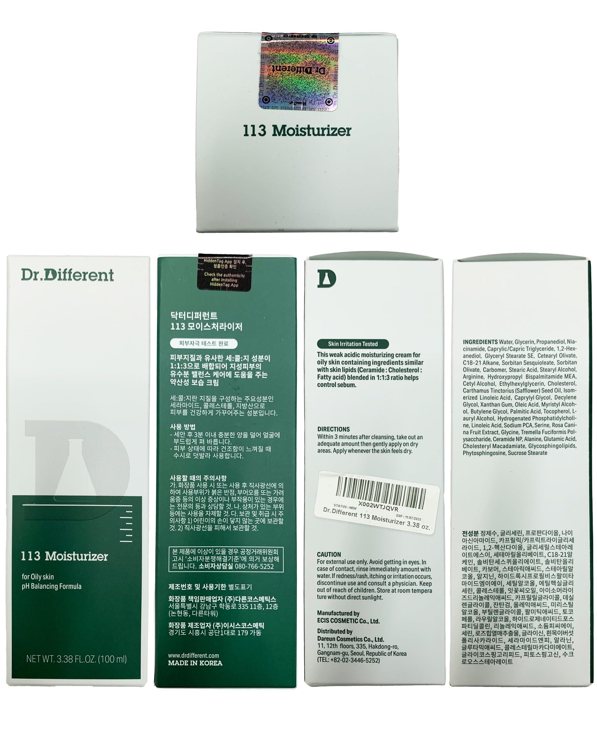 Dr.Different Dr.Different 113 Moisturizer - Sebum Control Face Moisturizer for Oily Skin, Pore Reducing and Trouble Care, Hypoallergenic Moisturizing and Soothing Facial Cream, 3.38 oz.