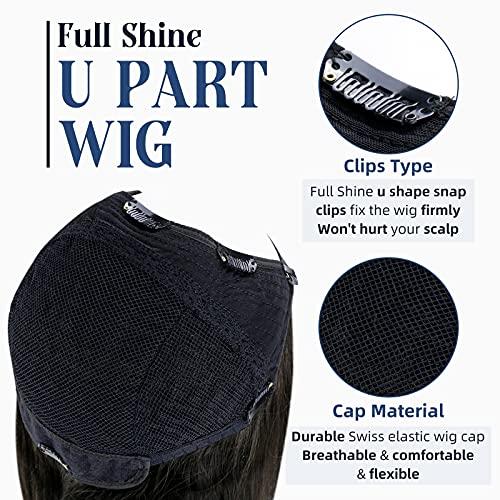 Full Shine Full Shine U Part Wigs Clips in Natural Black Half Wig Human Hair Half Wig Hair Piece U Shape Wig Real Human Hair Extensions One Piece 150Grams 20Inch