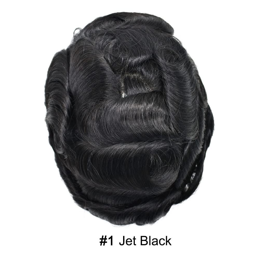 Hair Wonders Hair Wonders Mens Toupee V-looped Hairpieces For Men European Human Hair Replacement System Thin Skin Hair Pieces For Men Protesis Capilar Para Hombre 8X10#1 Jet Black 100% Density