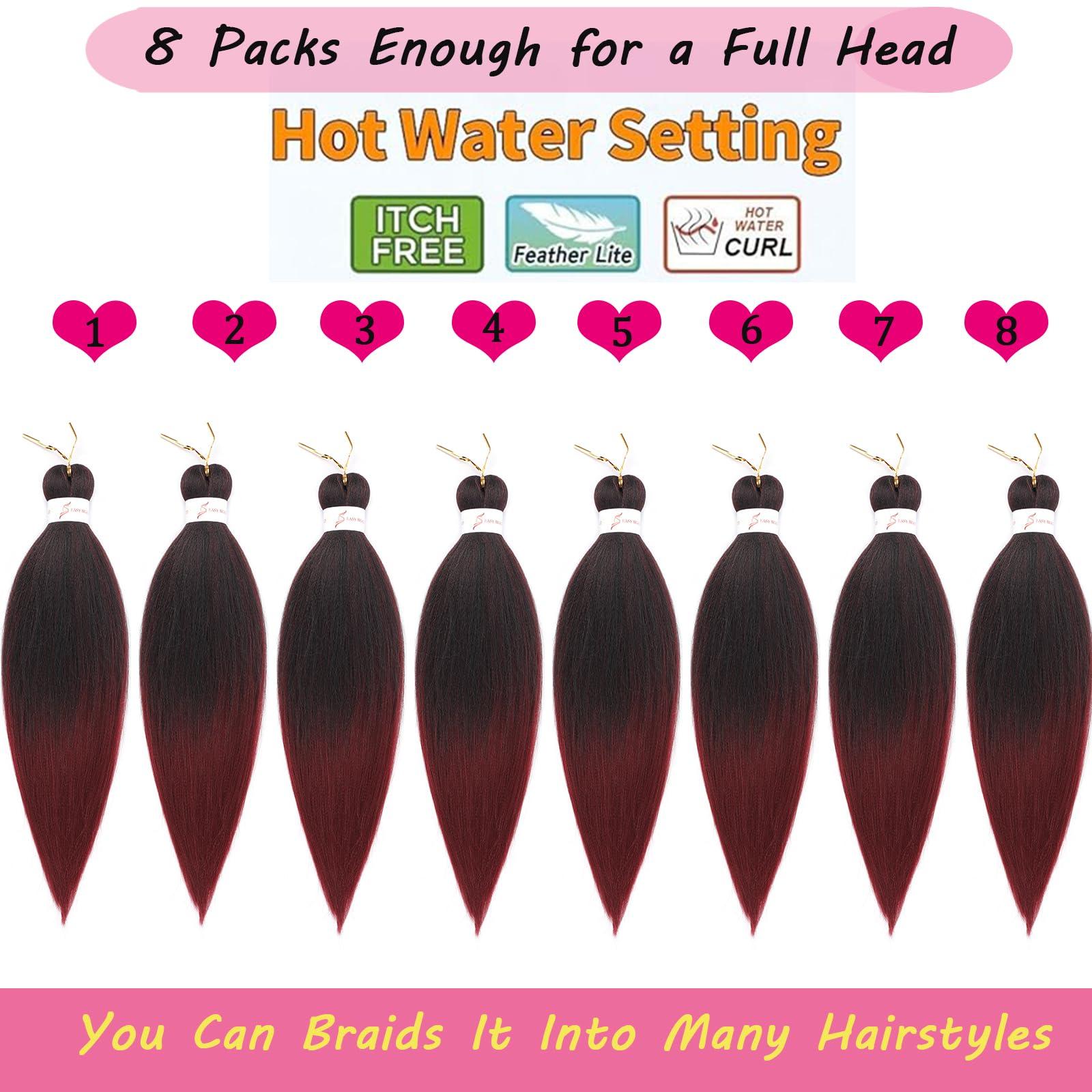 Zoewan Ombre Burgundy Braiding Hair Pre stretched 8 Packs 18 Inch Kanekalon Yaki Texture Pre stretched Hair For Braiding Professional Synthetic Hair Extension Itch Free Hot Water Setting(18\", T1B/900#)