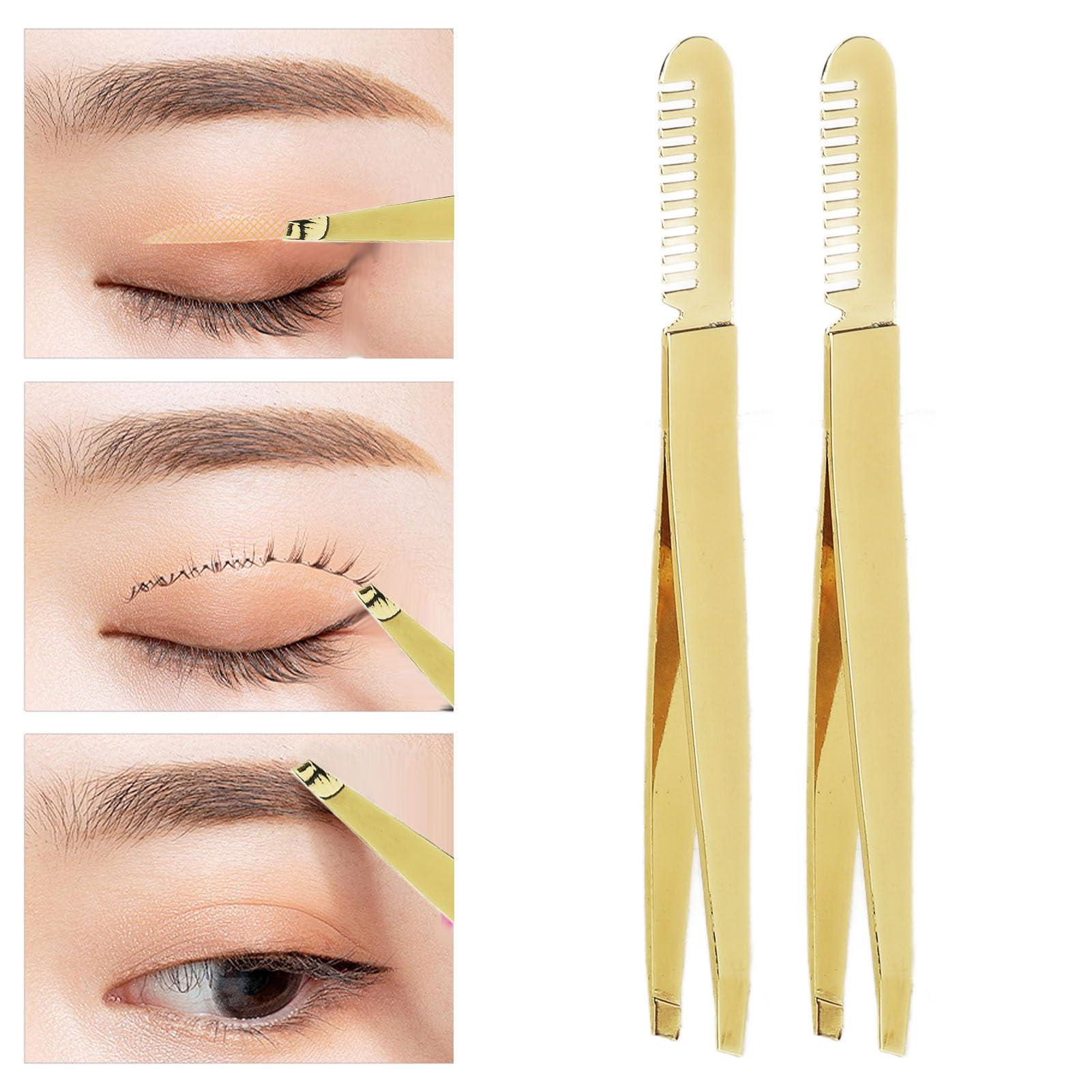 TITA-DONG 2pcs Slant Pointed Tweezer with Comb, Stainless Steel Eyebrow Tweezer Set, High Hardness Double Headed Tweezer Comb, Professional Eyebrow Trimming Tool for Women Facial, Golden