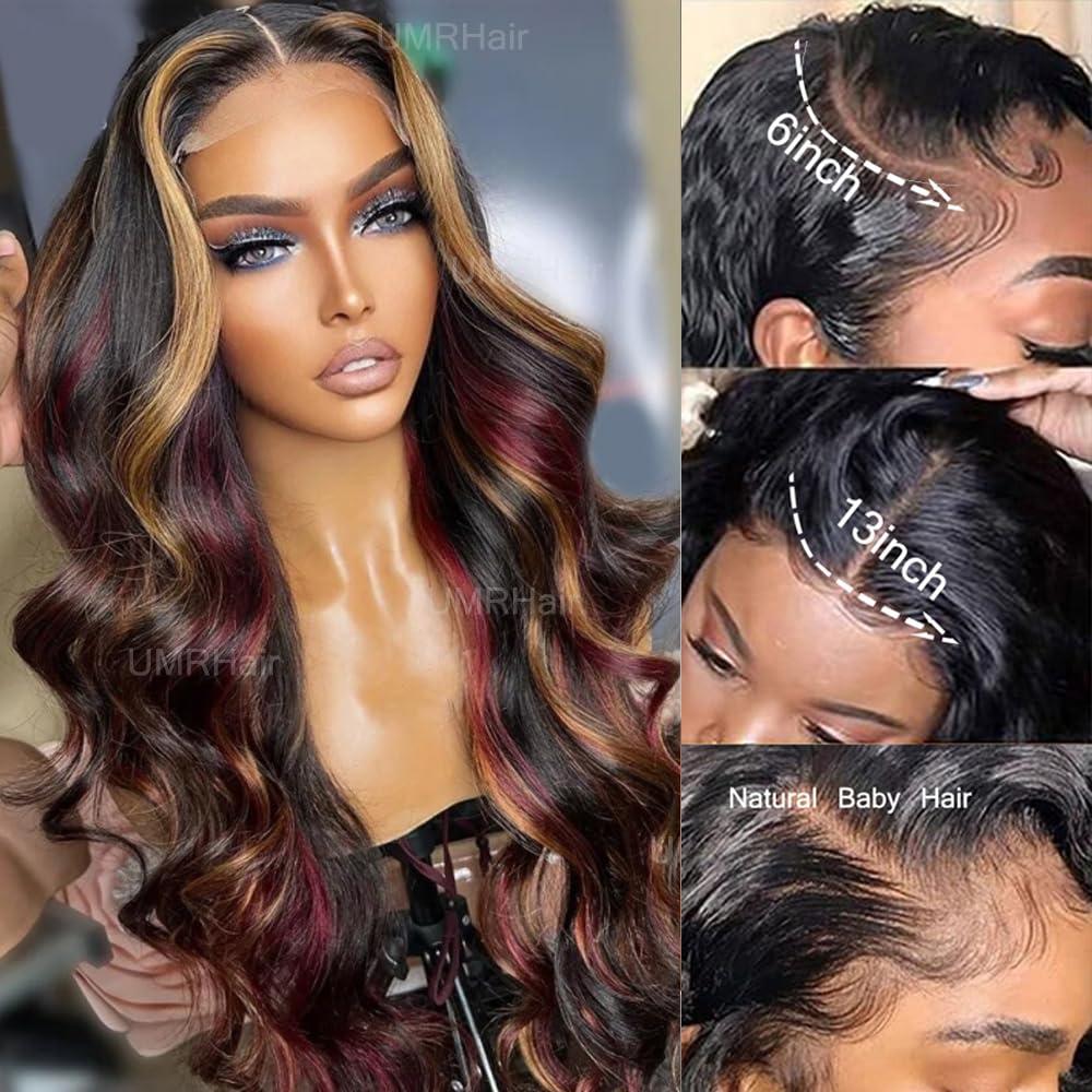 UMRHair Black Red Blonde Highlights 13X6 Lace Front Wig Human Hair Loose Wave Glueless Burgundy Wig with Blonde Skunk Stripe Preplucked with Baby Hair 16inch 130Density