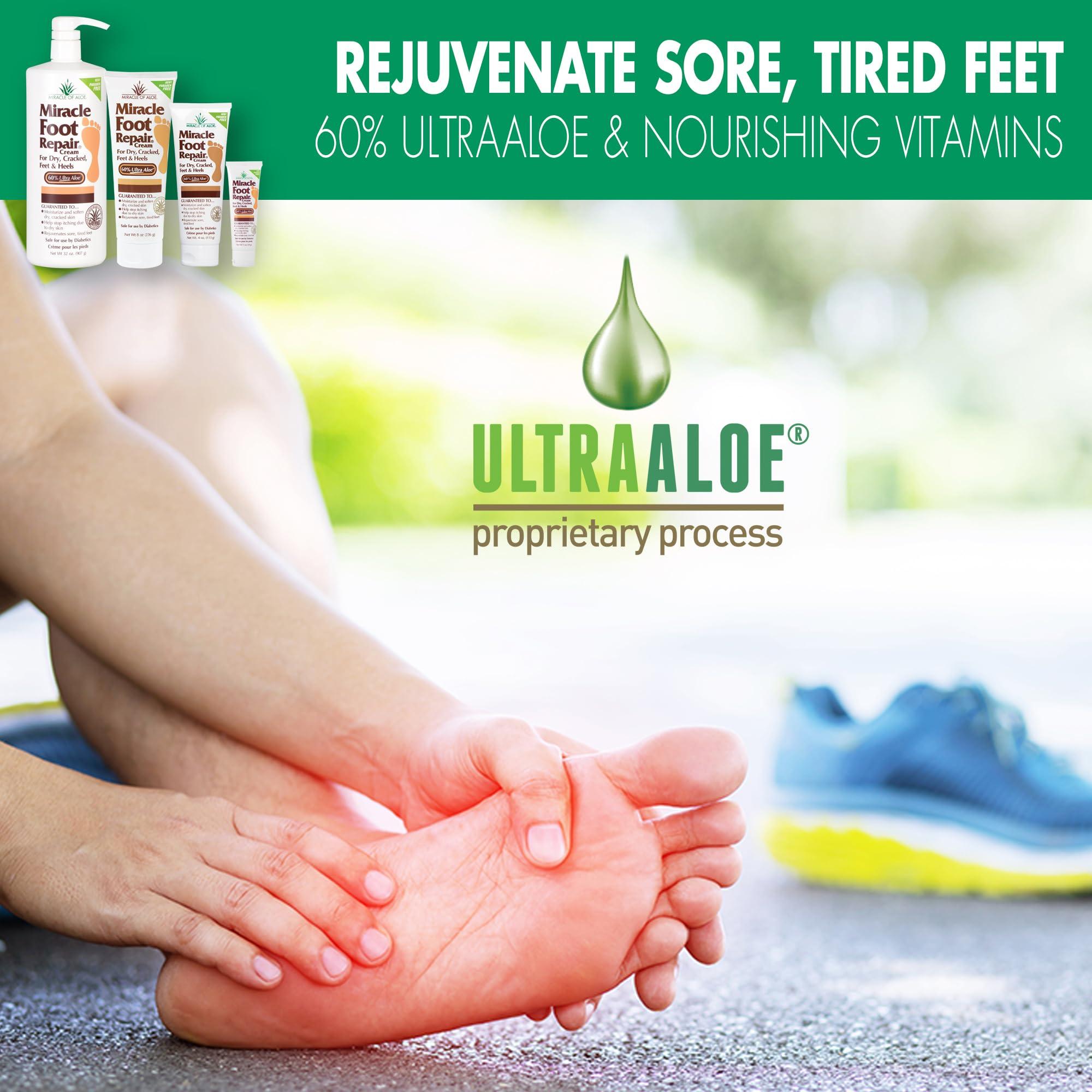 Miracle of Aloe Miracle Foot Repair Cream (32 oz) Repairs Dry Cracked Heels and Feet, 60% Pure UltraAloe Moisturizes, Softens, and Repairs