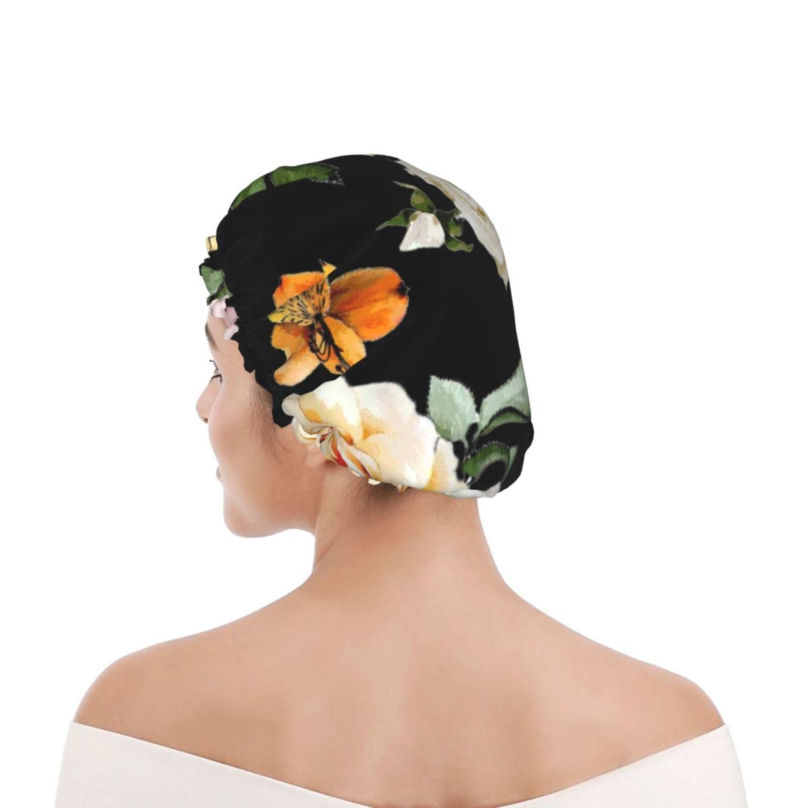 WURTON WURTON Cream Shabby Rose Flower Print Soft Shower Cap for Women, Reusable Environmental Protection Hair Bath Caps