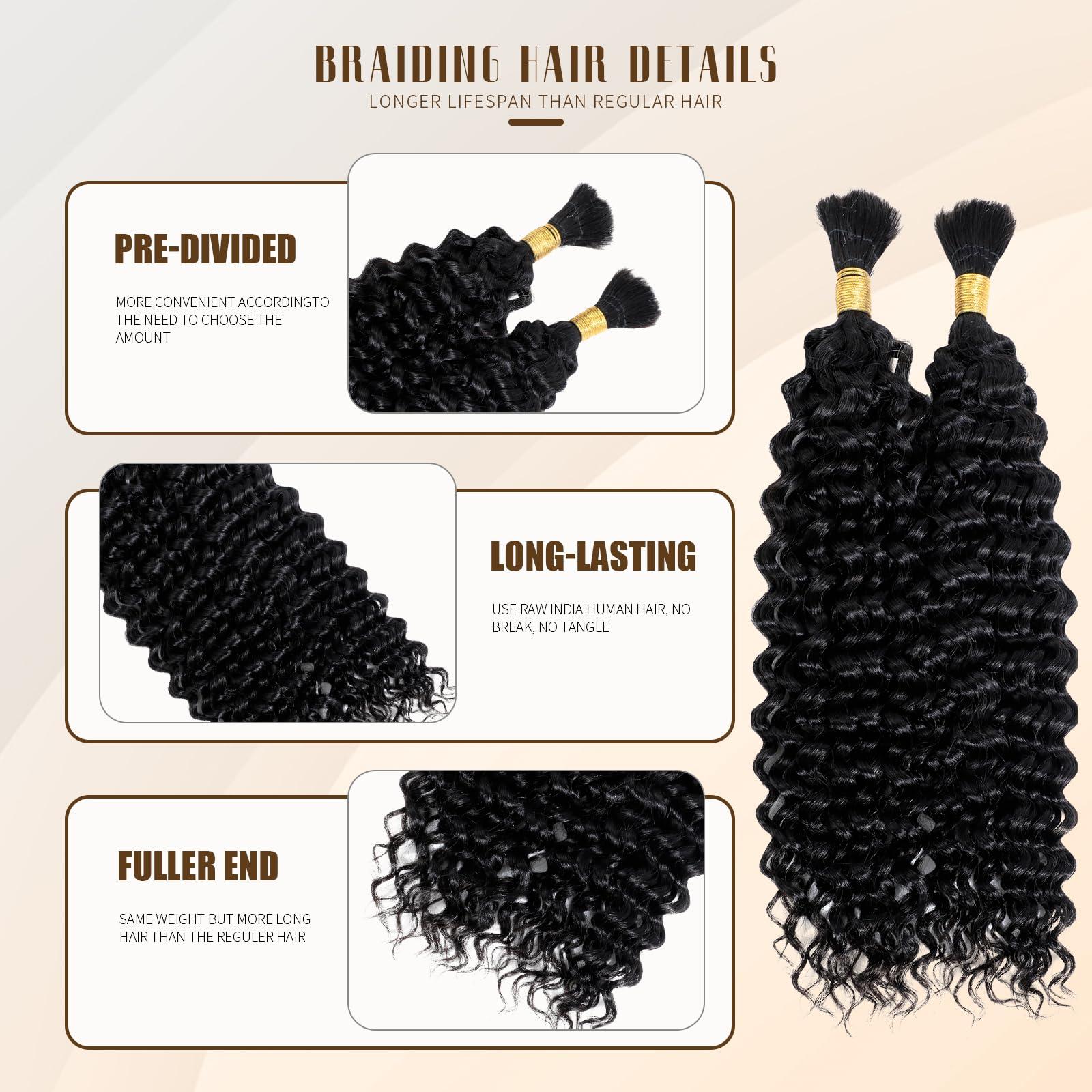 DMKEEP DMKEEP Top Grade Water Wave Human Braiding Hair 2 Bundles 100g Human Hair Braiding Hair No Weft Bulk Human Hair for Braiding Hair Extensions Jet Black 20 Inch