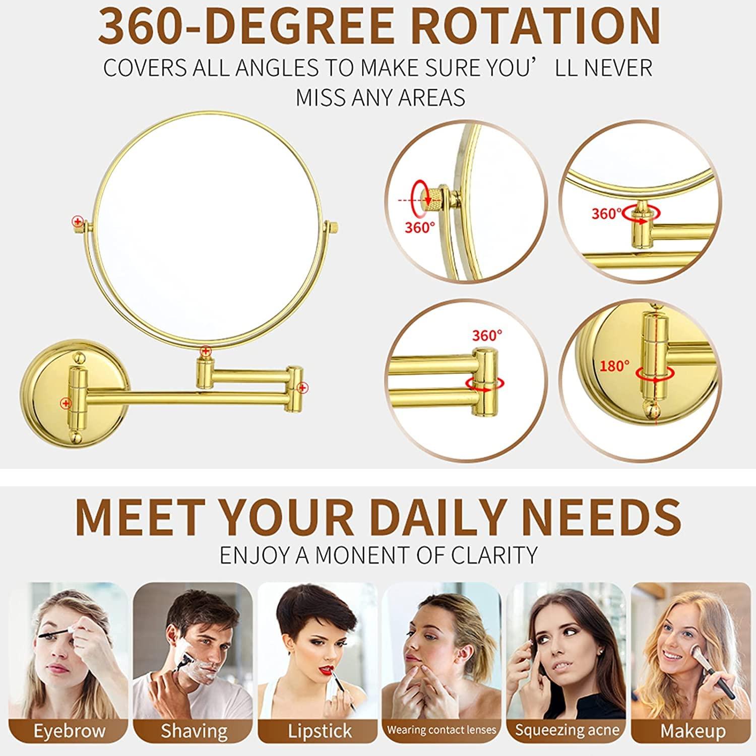 FJYDM FJYDM Wall Mounted Makeup Mirror, 8 inch Gold Double Sided Magnifying Shaving Mirror, 360 Swivel Extendable Folding Bathroom Vanity Mirrors,10x