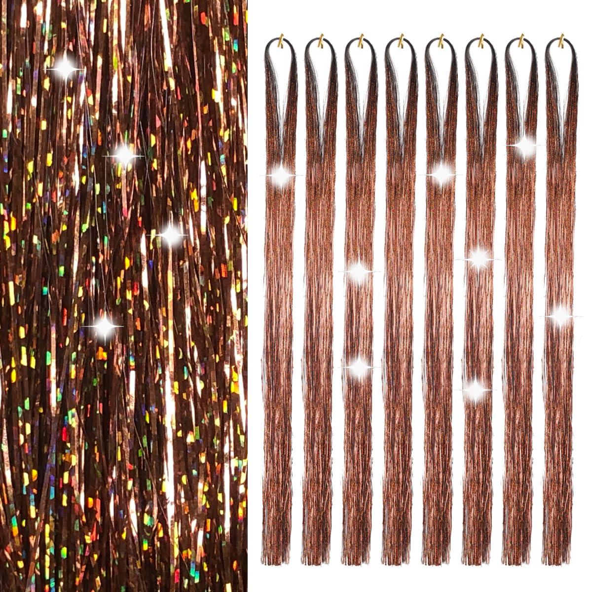Sarannala Hair Tinsel Brown 50inch 8packs 1600 Strands Glitter Tinsel Hair Extensions Heat Resistant Highlights Sparkling Fairy Hair for Kids Women Girls(50 Inch, Brown)