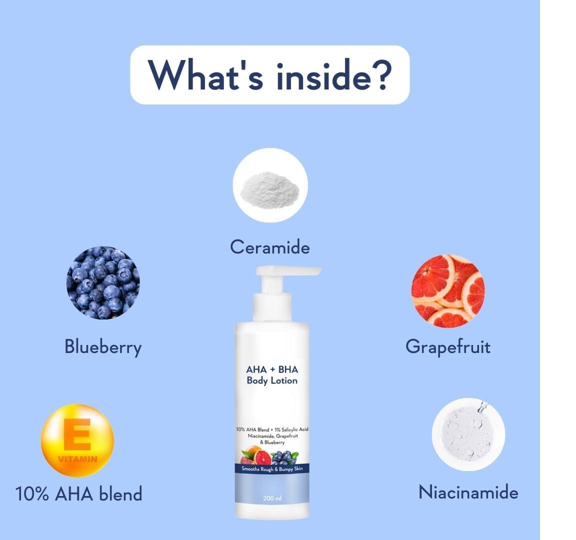 Generic JAY 10% AHA + 1% BHA Body Lotion - Smooths Rough & Bumpy Skin - Glycolic & Lactic Acid Body Lotion with Niacinamide - 200 Ml