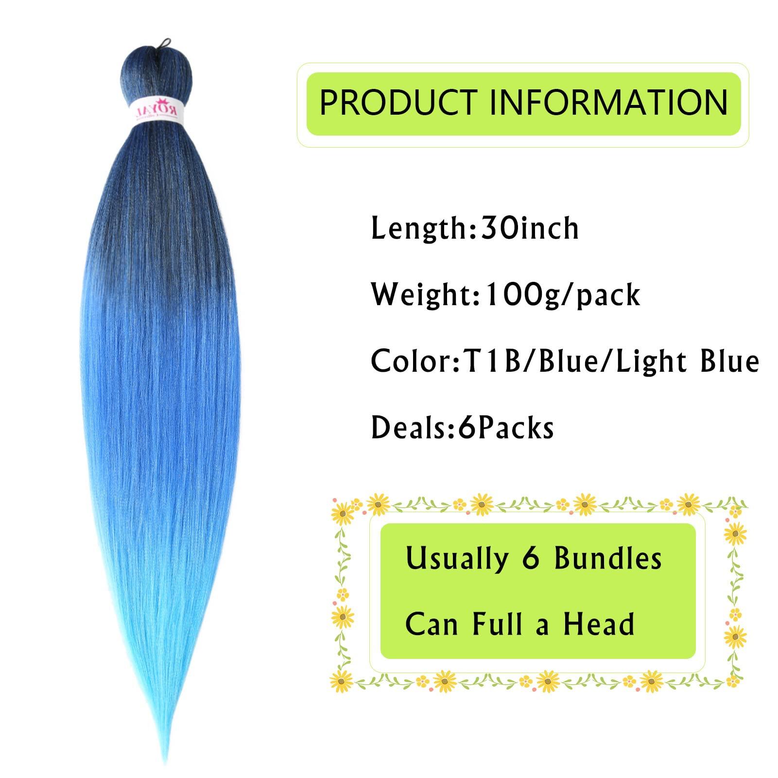Royal Collection Pre stretched Braiding Hair Ombre Blue Hair Extensions Long Braid 30inch 6 Packs Synthetic EZY Braid Hair for Braiding Hair Easy Braids Yaki Hair(30inch T1b/blue/Light blue#)