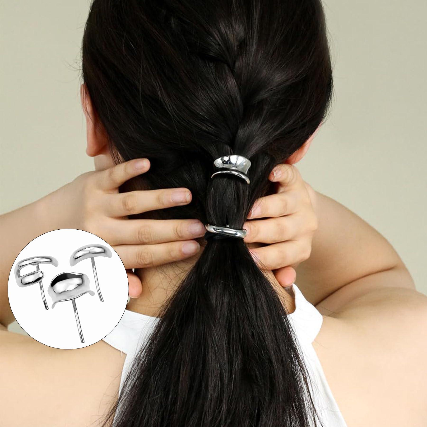 ASSORAIN 3 pcs Silver Hair Cuffs,Silver Ponytail Cuff,Metal High Ponytail Buckle Hair Cuff,Ponytail Holder Hair Clips Silver Hair Accessories for Women (Silver)