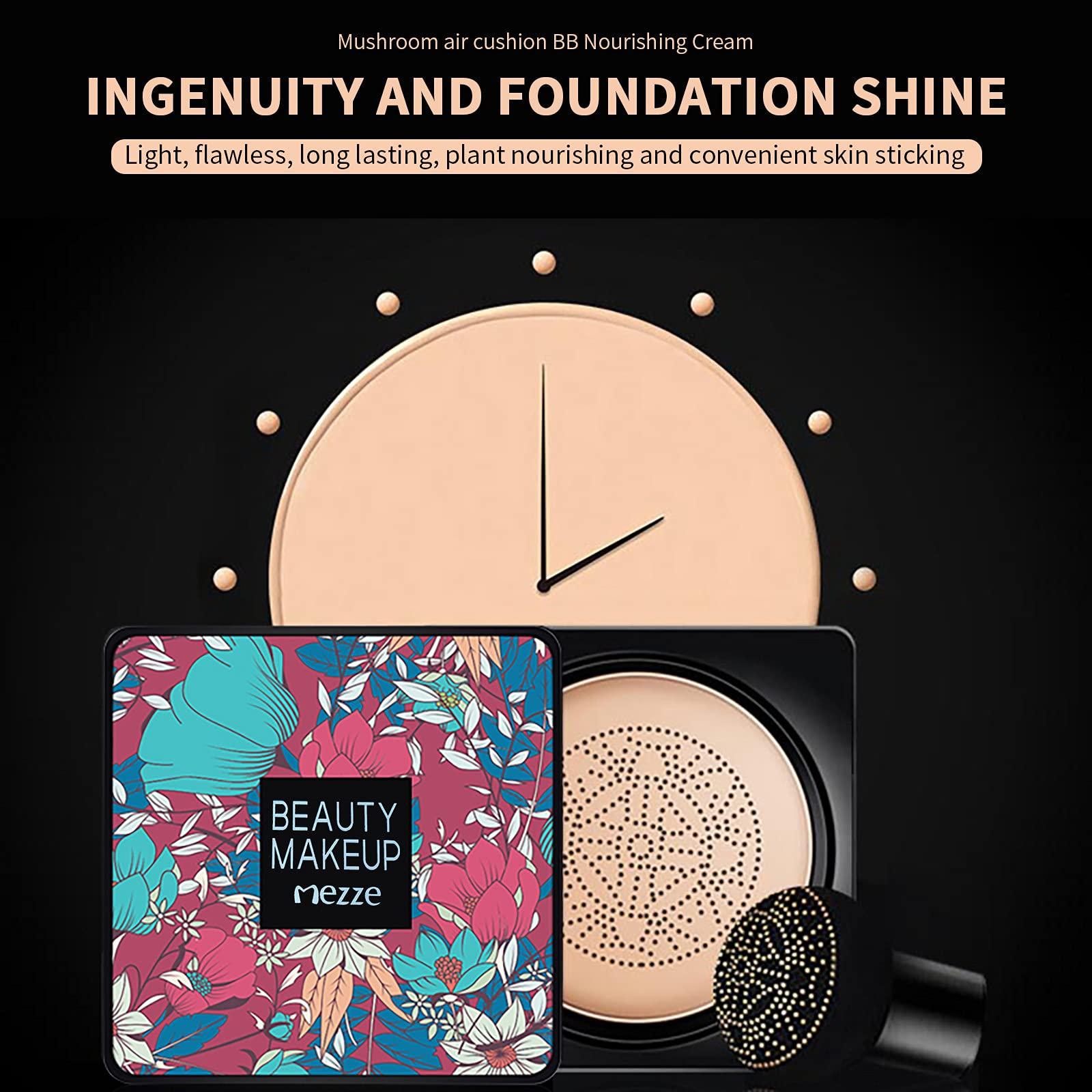 YULANKJ Mushroomhead Air Cushion CC Cream - Flaw'less Foundation Waterproof Makeup High Coverage Liquid BB Light to Medium Concealer Moisturizing for Dry Skin (Natural)