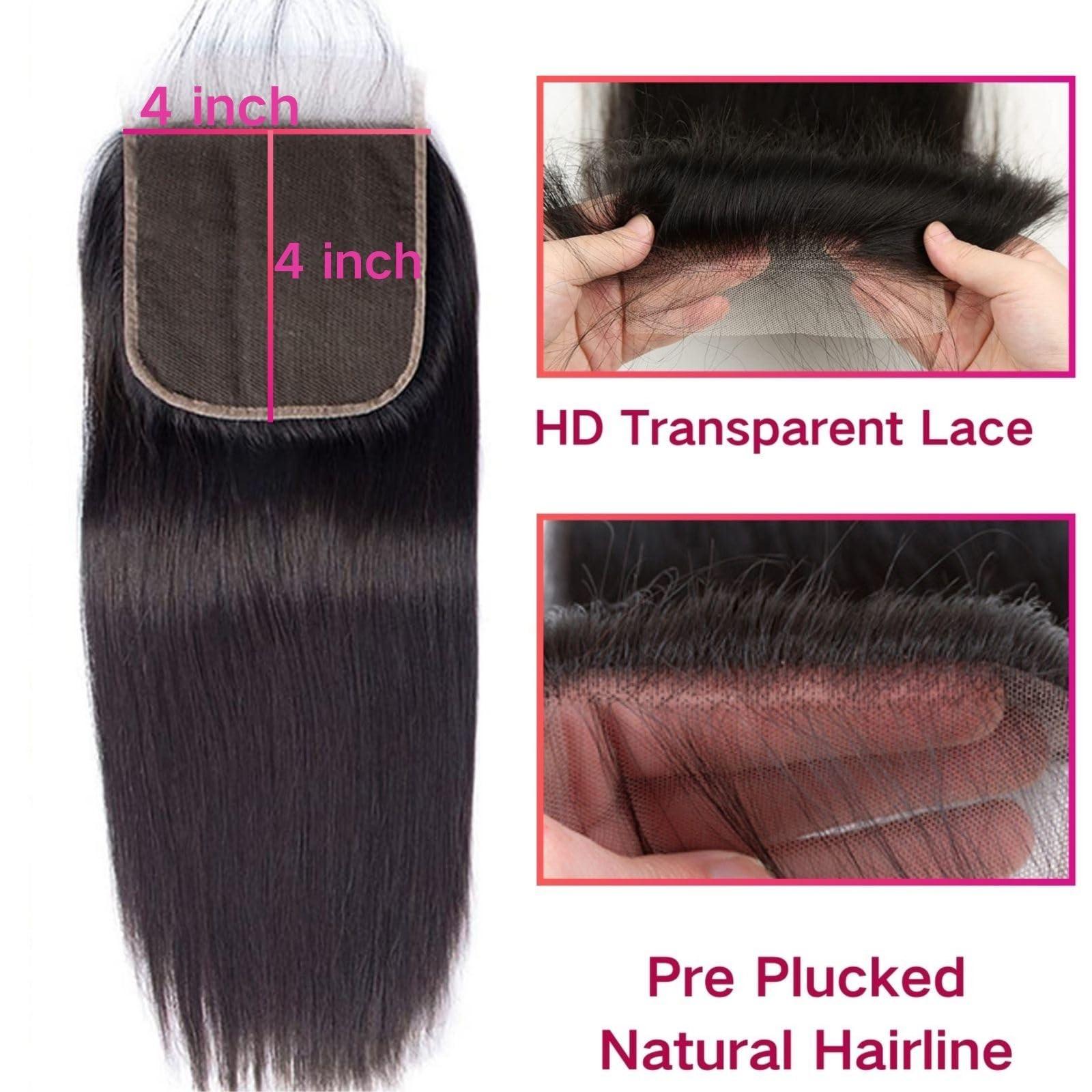 Little fairy 4x4 SKINLIKE Real HD Lace Closure Human Hair Straight Lace Frontal Closure Invisible Pre Plucked Human Hair Closure, Frontal Hd Lace 4x4 Closure Sew in Hair With Closure Natural Black 20 Inch