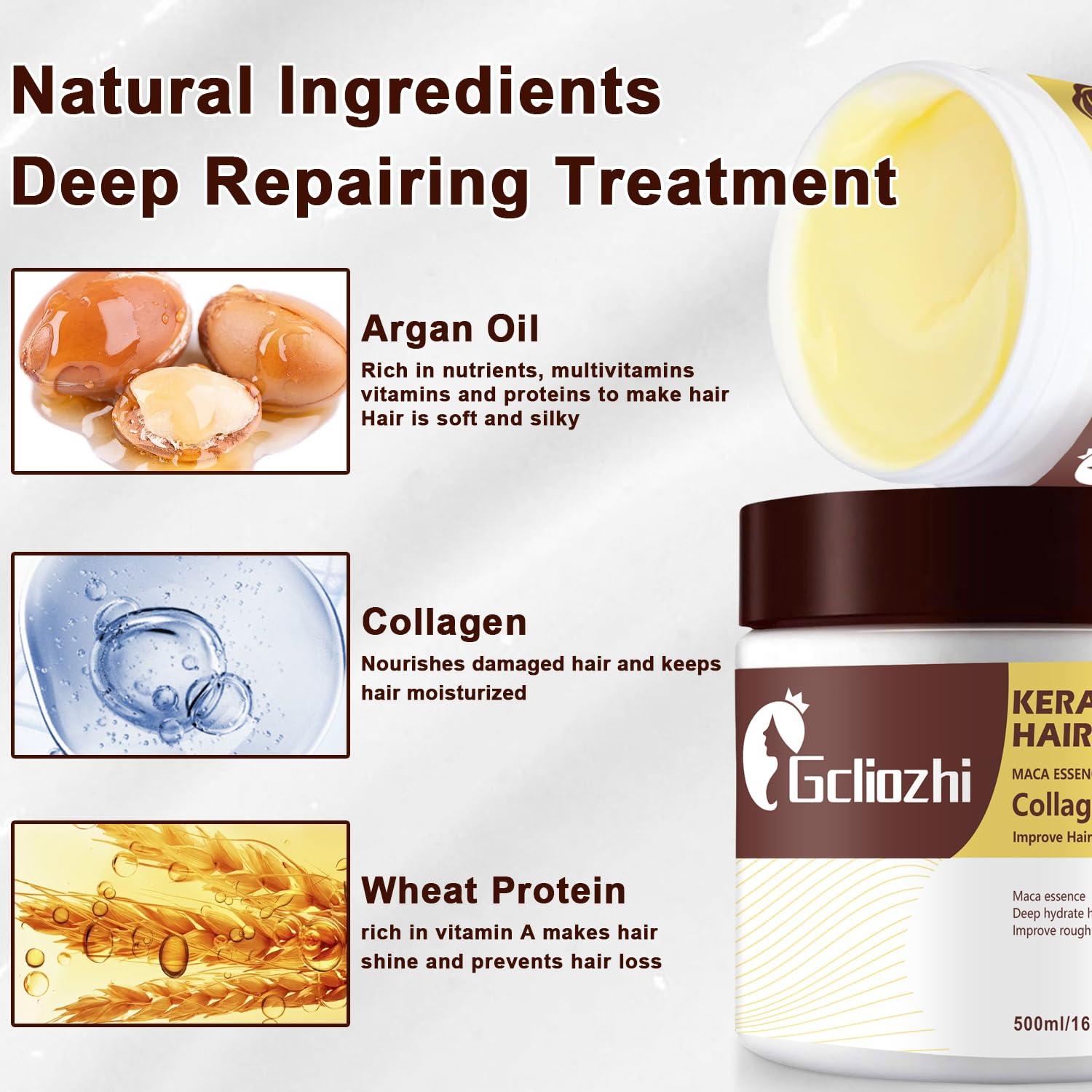 Gcliozhi Collagen Hair treatment for Damaged Hair - 500ml Hair Collagen Mask Keratin Hair Mask Protein & Coconut Oil Deep Repair Conditioning Argan Oil Treatment for Curly or Straight Thin Fine Hair (500ml)