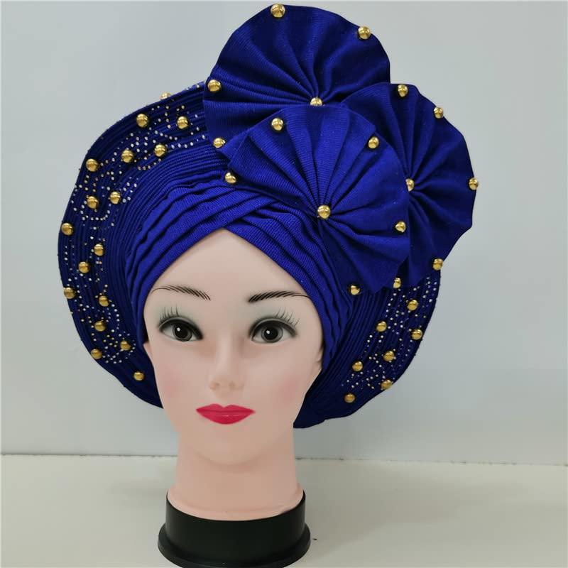 Generic Nigerian Head Wrap ASO Oke Nigeria for Traditional Marriage headtie Already Made African headtie with Beads&Stones Bonnet for Party 1set -ASO Oke African Head tie