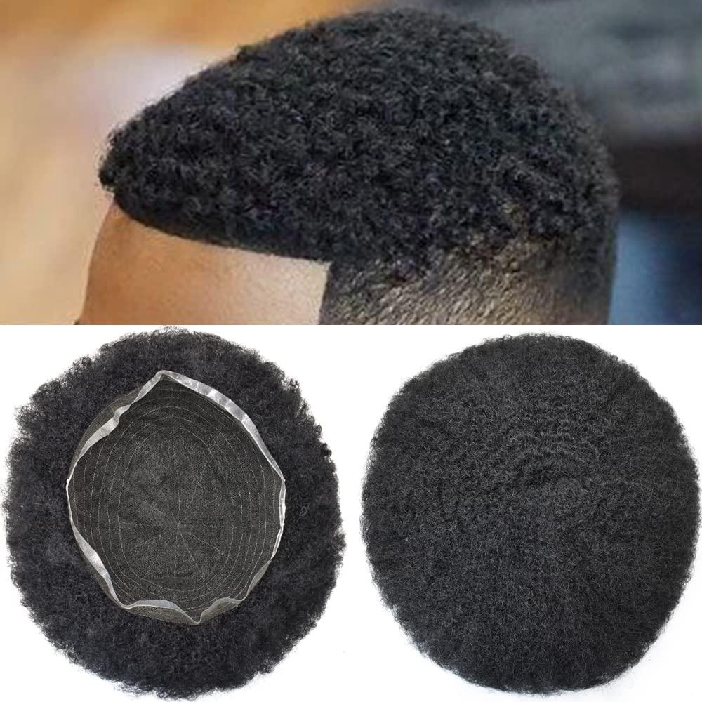 Generic Breathable Full Swiss Lace Afro Curl Toupee for Black Men 8x10inch Kinky Curly Wavy Human Hair Replacement System for Black Men Hairpieces with Natural Hairline Afro Mens Toupee 1B# OFF BLACK (8\'\'x10\'\', 1B# OFF BLACK 8MM-wave)