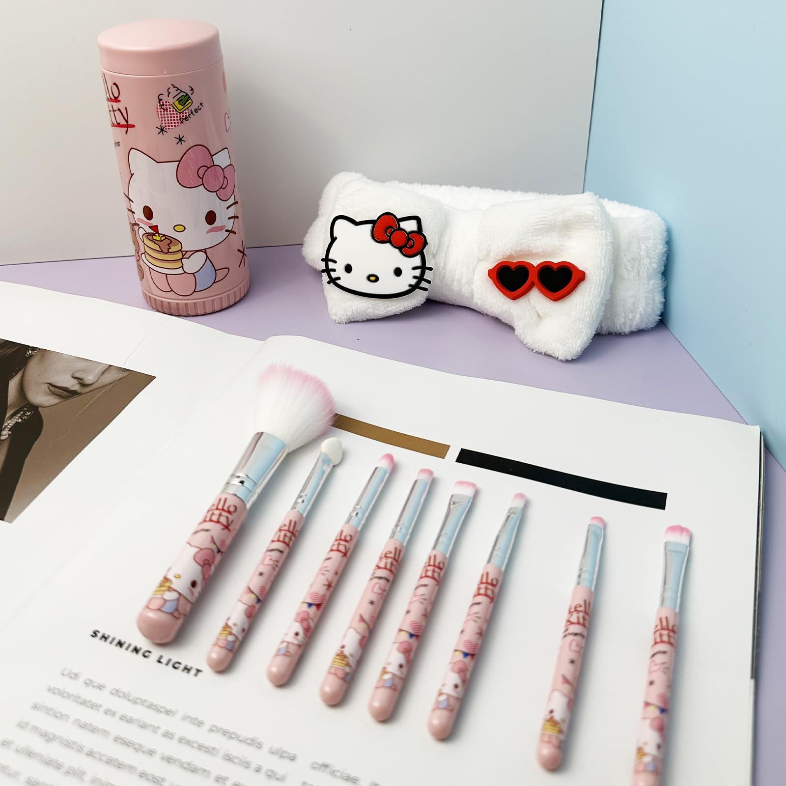 Holymid Kawaii Kitty 8PCS Makeup Brush with Storage Bucket and Headband, Cartoon Cat Cosmetic Makeup Brush Set Professional Tool Kit Set Brush Set Best Gift for Girl Women