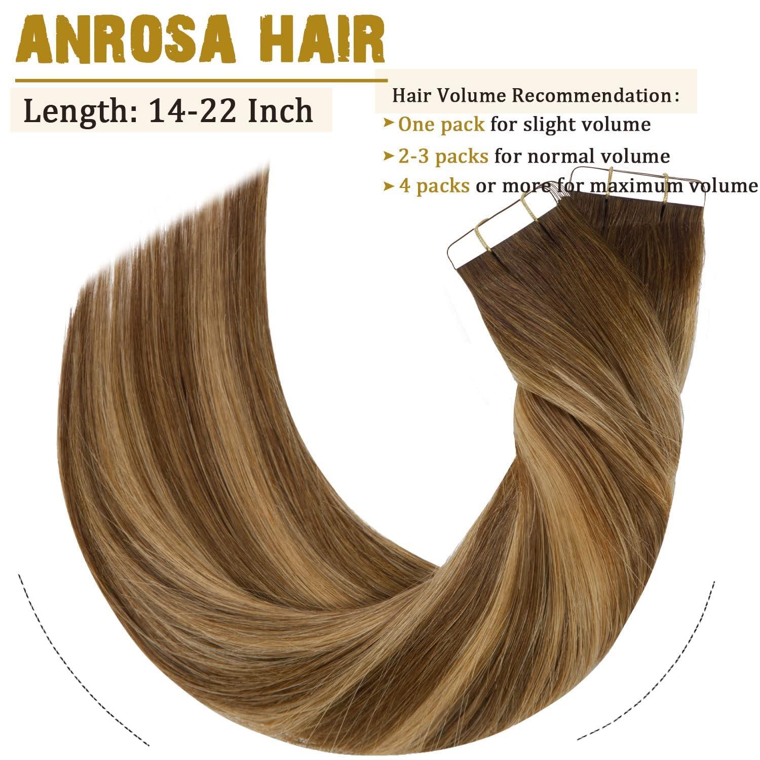 Anrosa Brown Tape in Hair Extensions Human Hair Skin Weft Natural Real Hair Extensions Human Hair Chocolate Brown to Caramel Blonde with Brown Roots Tape ins Human Hair Extensions 18 Inch 100g R4-4/27