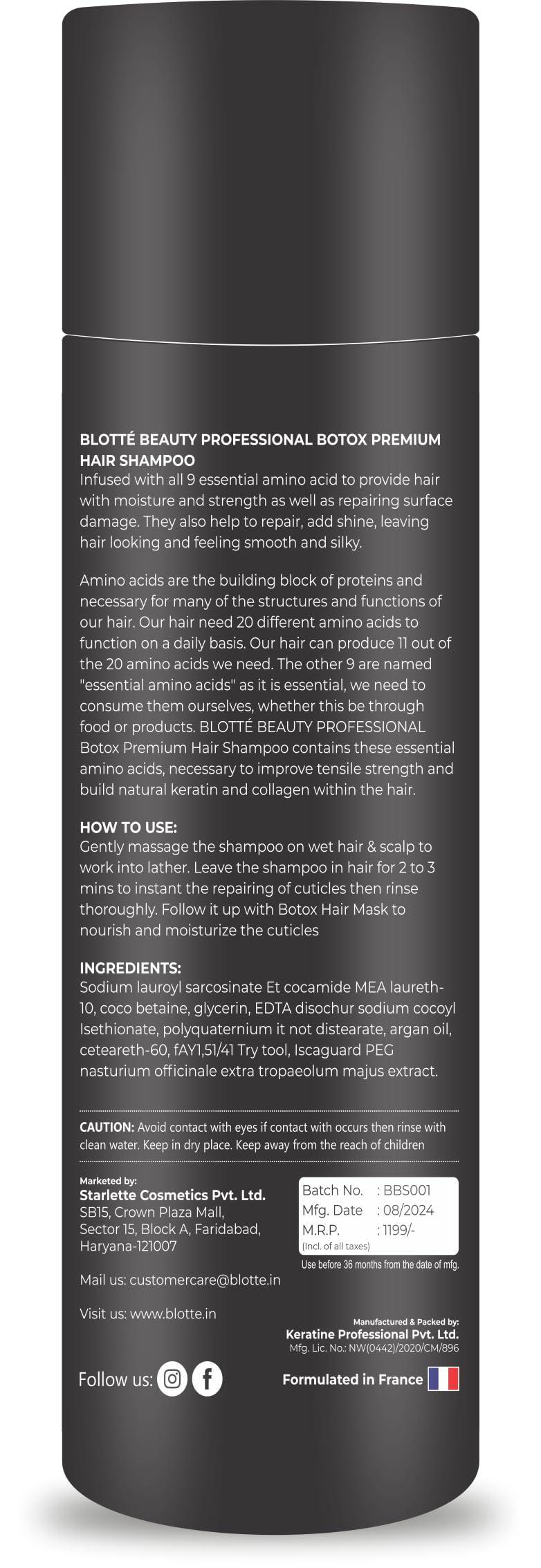 BLOTT BEAUTY PROFESSIONAL BLOTT Keratin & Botox Premium Hair Shampoo - Repair Dry & Damage Hair For Keratin, Botox And Blow Wave Hair Heading -Makes Hair Silky, Smooth & Shine 3 X Advance Care Paraben & Sulphate Free 320 ML