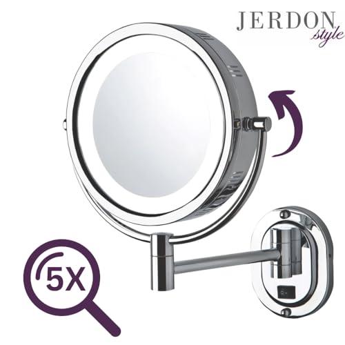 Jerdon Jerdon Two-Sided Lighted Wall-Mounted Makeup Mirror - Makeup Mirror with 5X Magnification & Wall-Mount Arm - 8-Inch Diameter Mirror with Chrome Finish Wall Mount - Model HL165CLD
