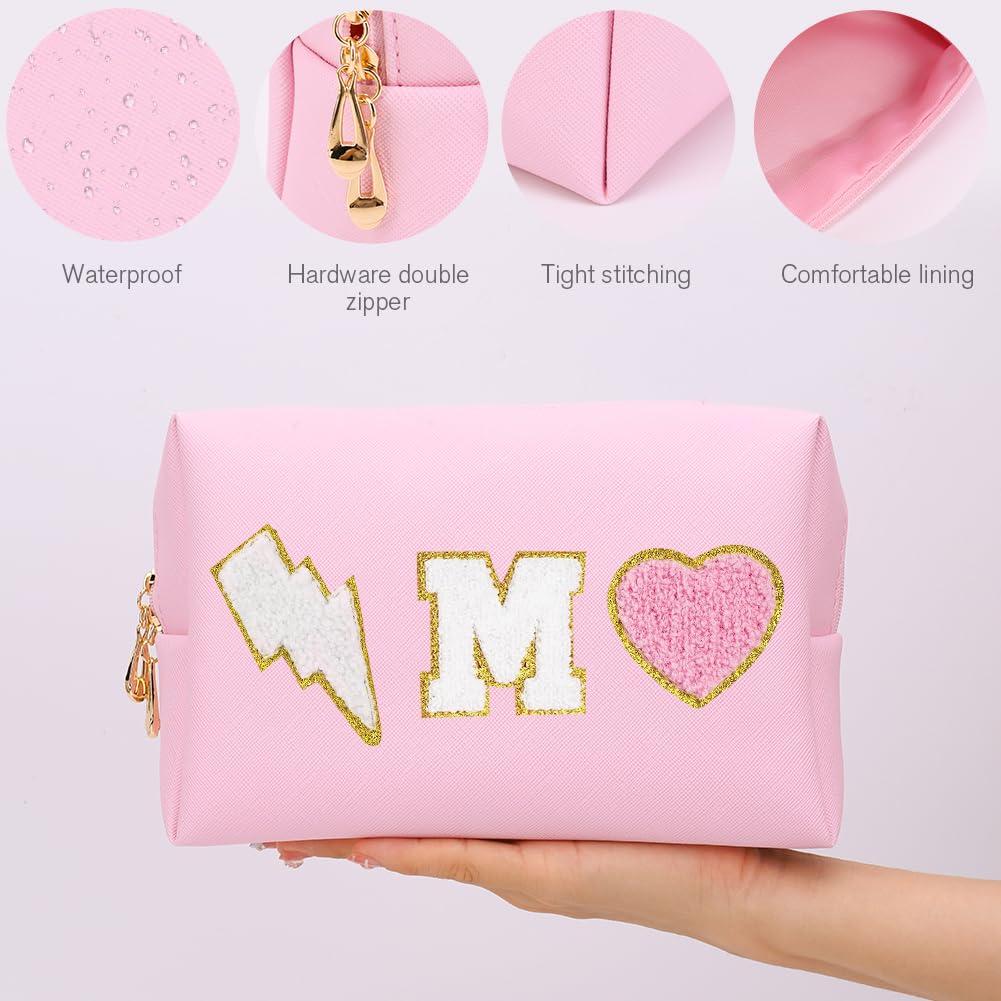 OEIPSMK OEIPSMK Personalized Makeup Bag Initial Chenille Letter Patch Cosmetic Bag Preepy Small Makeup Pouch Waterproof Leather Travel Toiletry Bag Monogram Make Up Pouch Birthday Gifts for Women, Medium