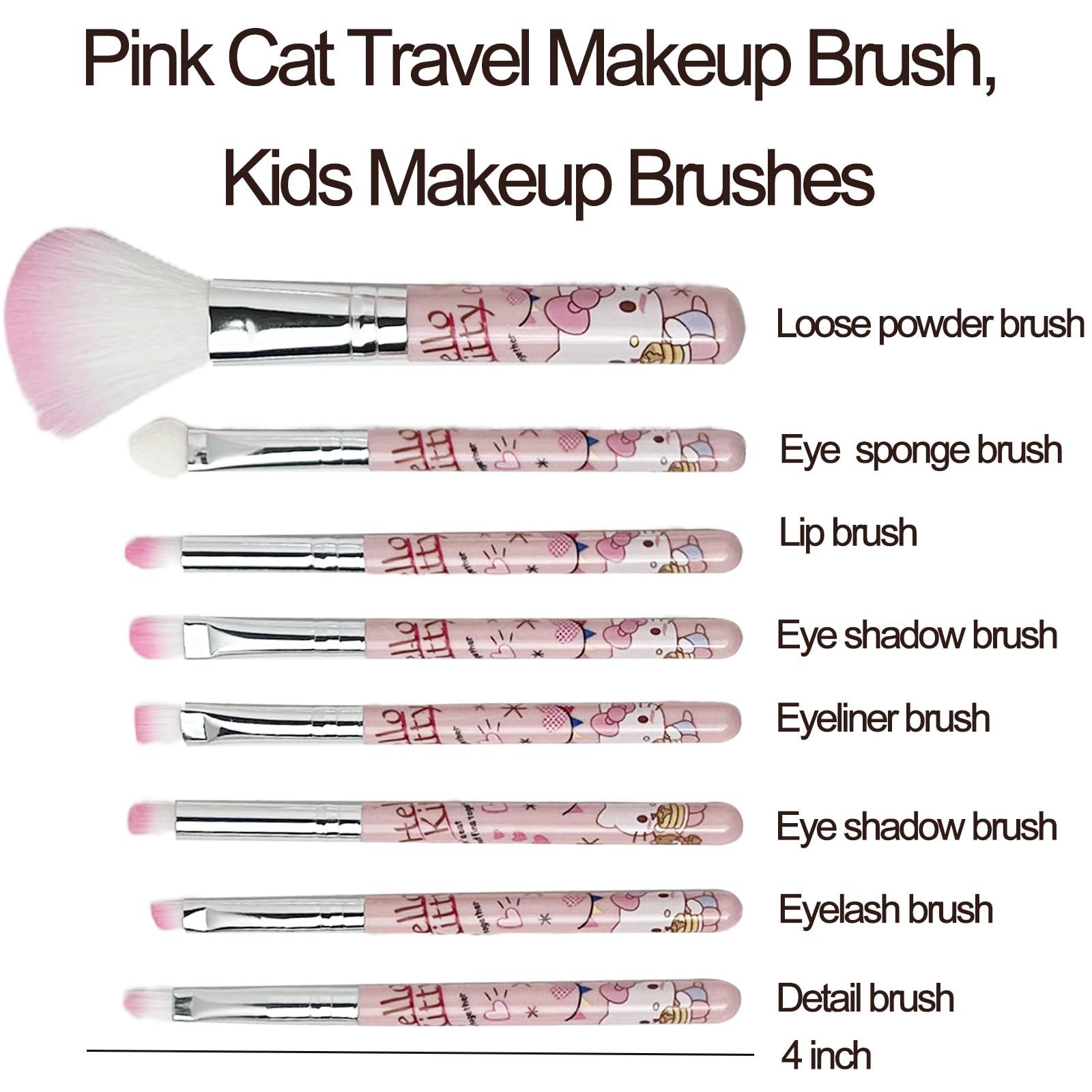 Holymid Kawaii Kitty 8PCS Makeup Brush with Storage Bucket and Headband, Cartoon Cat Cosmetic Makeup Brush Set Professional Tool Kit Set Brush Set Best Gift for Girl Women