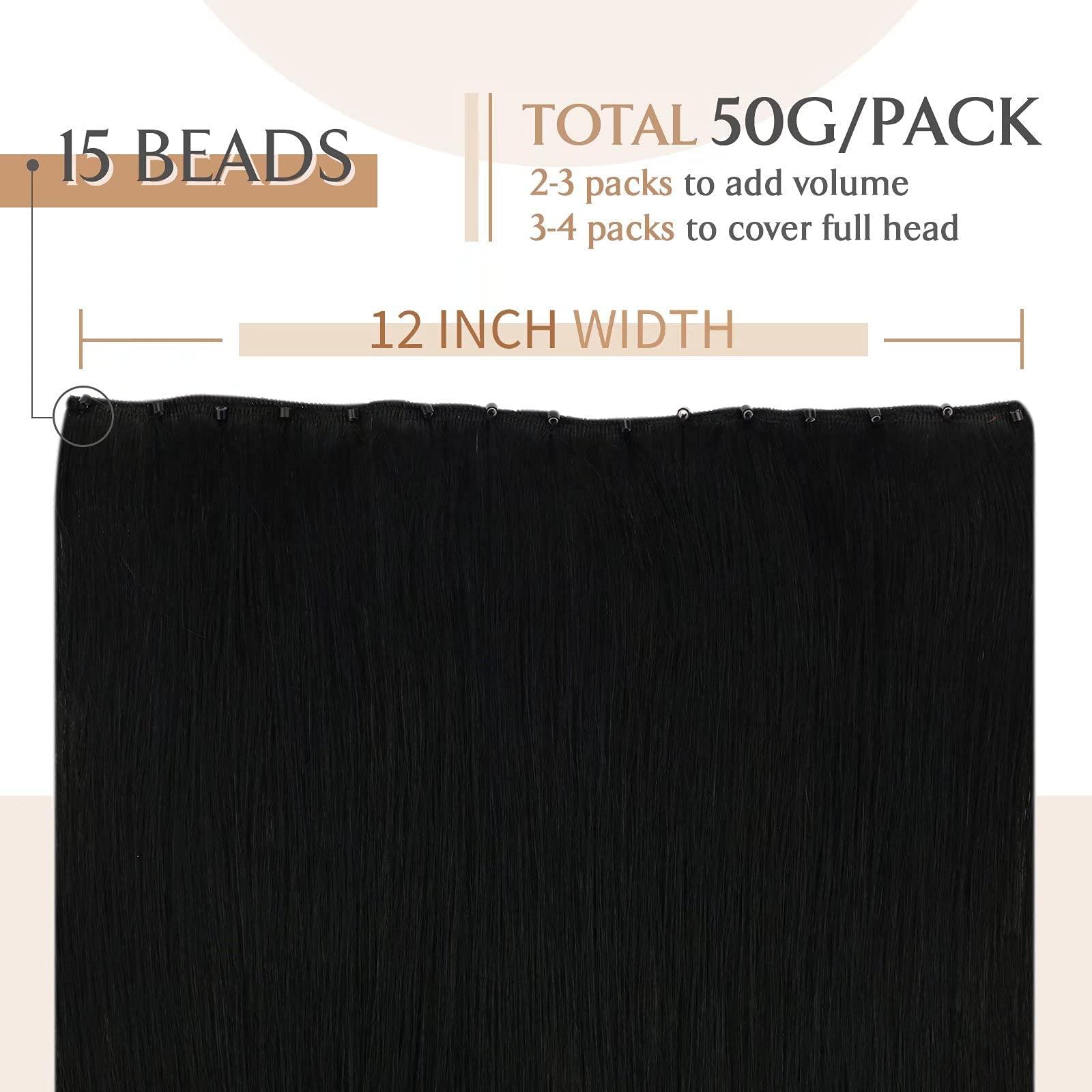Sunny Hair Sunny Hair Beaded Weft Hair Extensions Human Hair 50G Micro Bead Hair Extensions Real Human Hair Vigorous Straight Weft Hair Extensions with Micro Beads Jet Black 16 inch