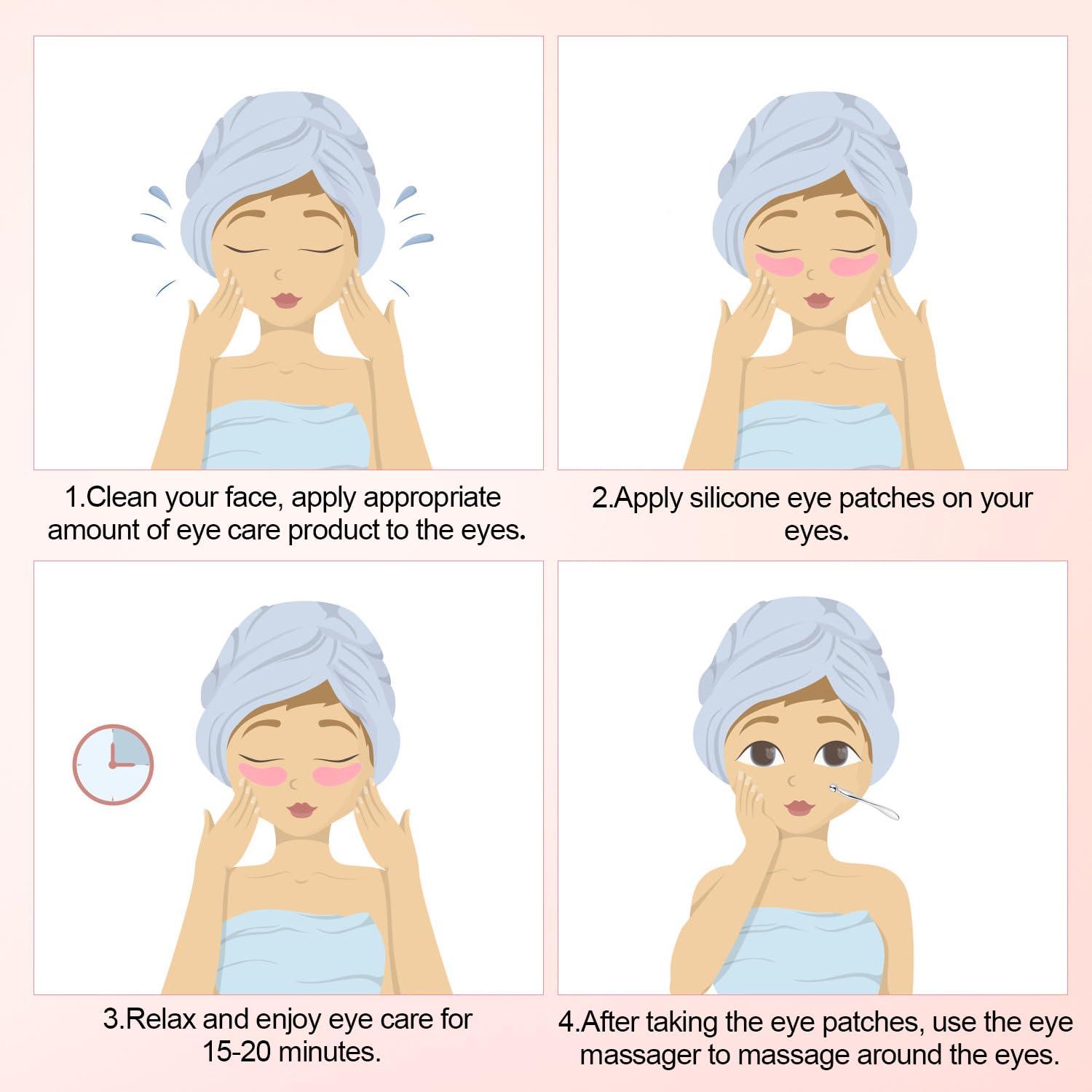 NQEUEPN 1 Pair Reusable Eye Patch, Silicone Reusable Eye Gel Pads Eye Wrinkle Patches Under Eye Mask, Plump Fine Lines & Wrinkles with Metal Eye Cream Applicator & Tin Case (Pink)