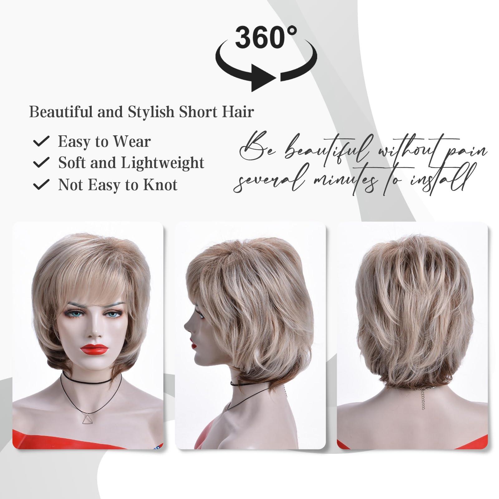 Oseti Oseti Short Blonde Wigs for White Women Layered Mixed Blonde Pixie Cut Wigs Natural Wavy Real Hair Synthetic Wig with Bangs for Ladies Daily