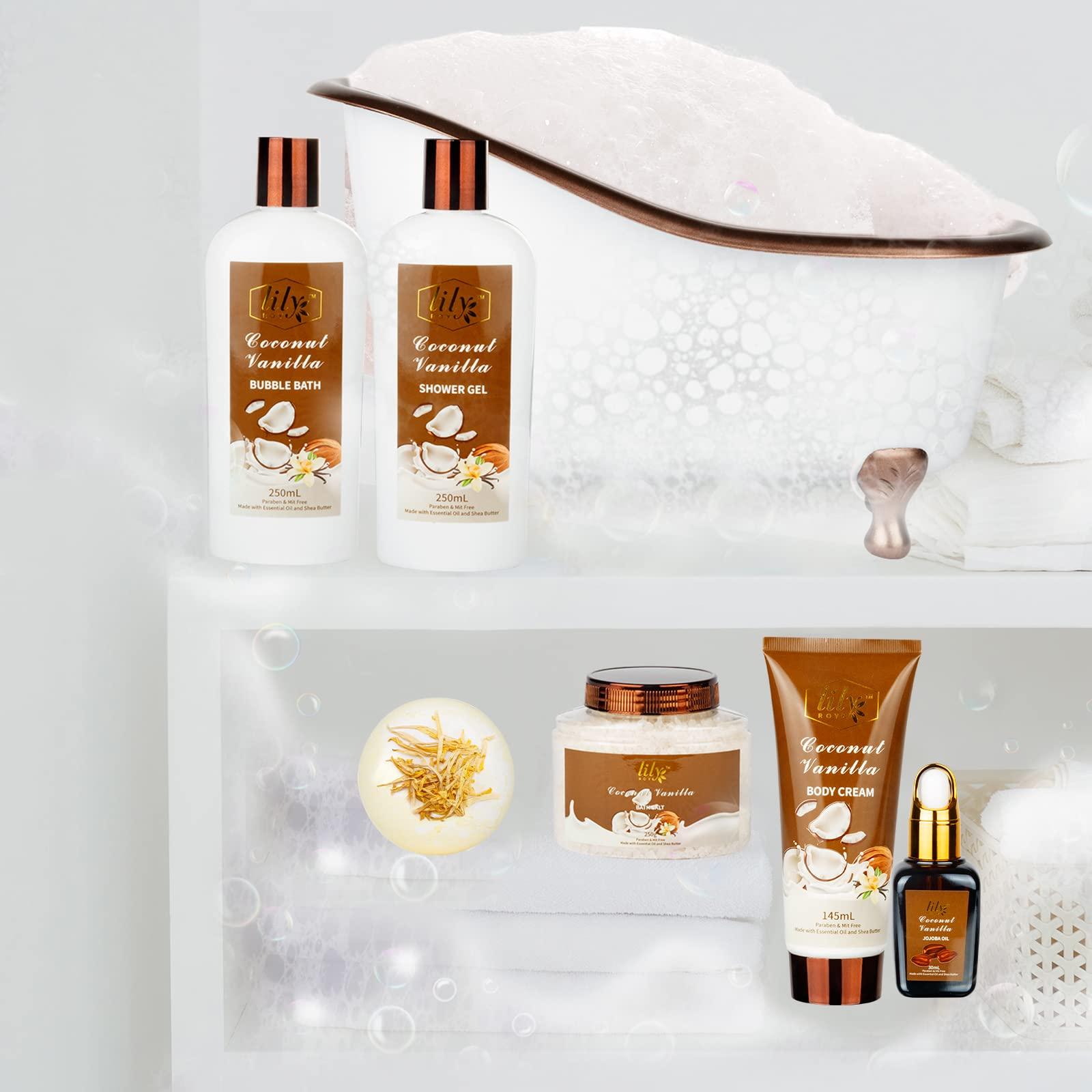 LILY ROY Spa Gift Tub Set Bath and Body Gift Sets for Women Valentines Day Gifts Coconut Vanilla Mom Birthday Gifts Christmas Gift Spa Bath Gifts for Men Spa Kit Perfume Self Skin Care for Fathers Mothers Day