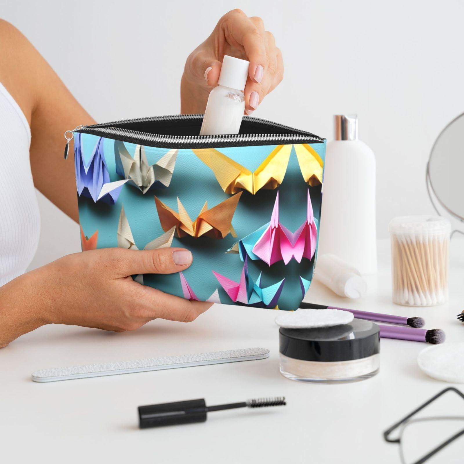 ZhanMg Silver Leather Travel Toiletry Bag - Reusable origami paper crane Cosmetic Makeup Accessories Organizer - Women Purse with Zipper