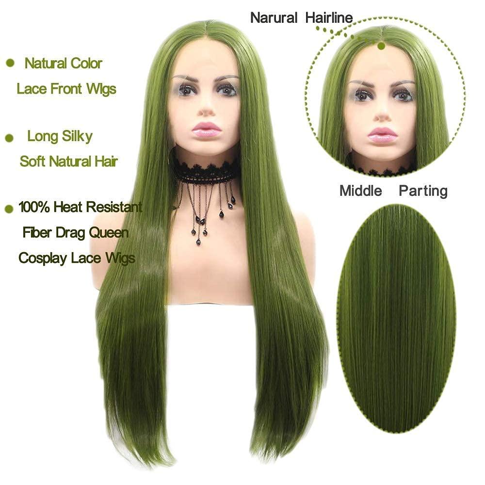 karissa Hair Green Wig Long Lace Front Wig for Women Olive Green Synthetic Wig Realistic Looking Handmade Straight Forest Green Lace Wigs Glueless Synthetic Heat Resistant Fiber Hair Cosplay 24 Inches